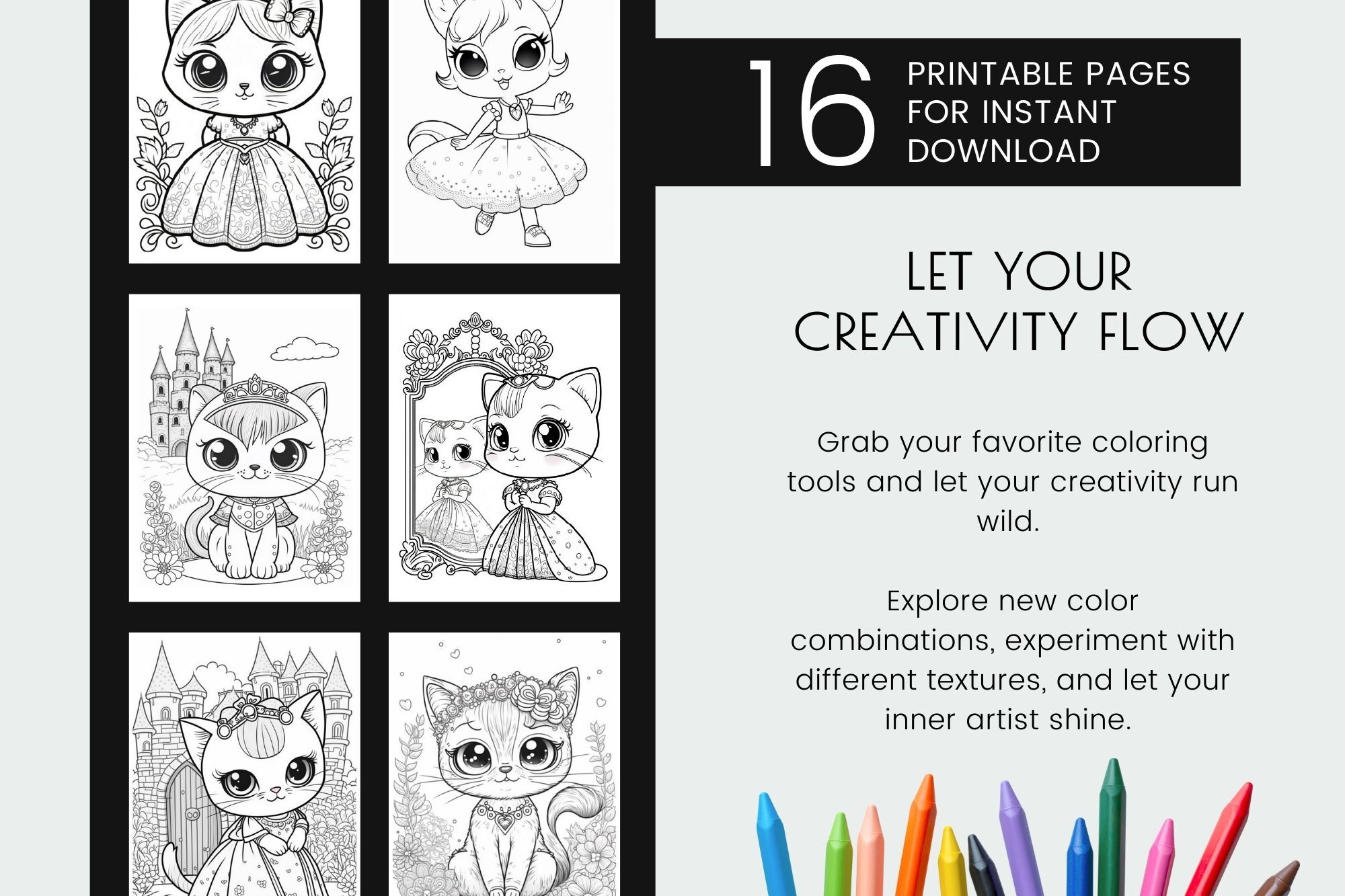 Cat Princess Coloring Page Bundle, Kawaii Coloring Pages