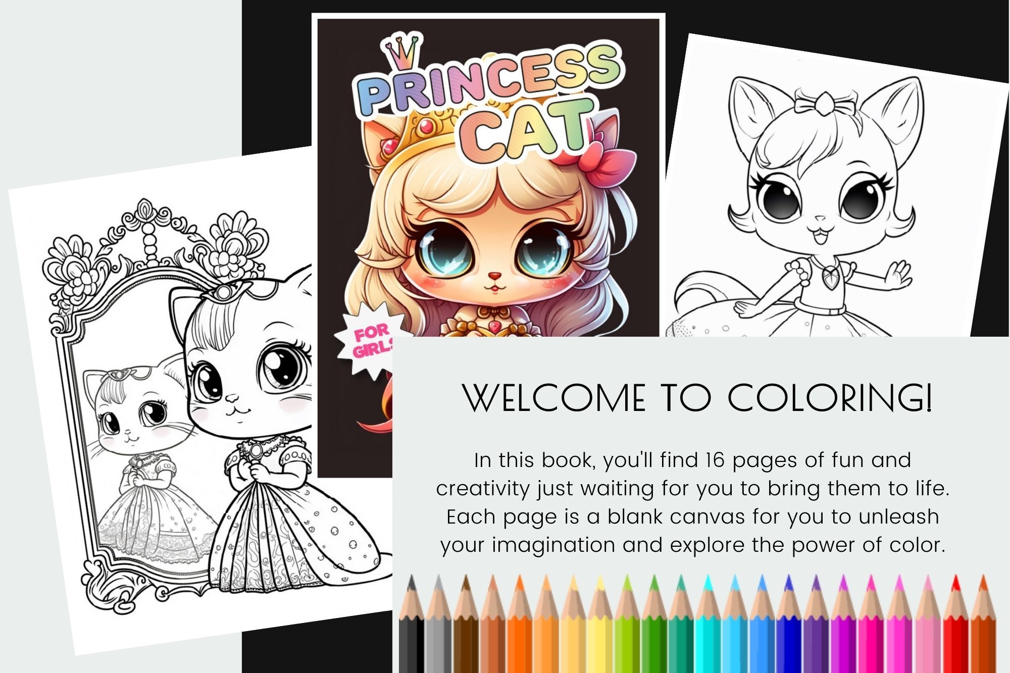 Cat Princess Coloring Page Bundle, Kawaii Coloring Pages By Orange Brush  Studio