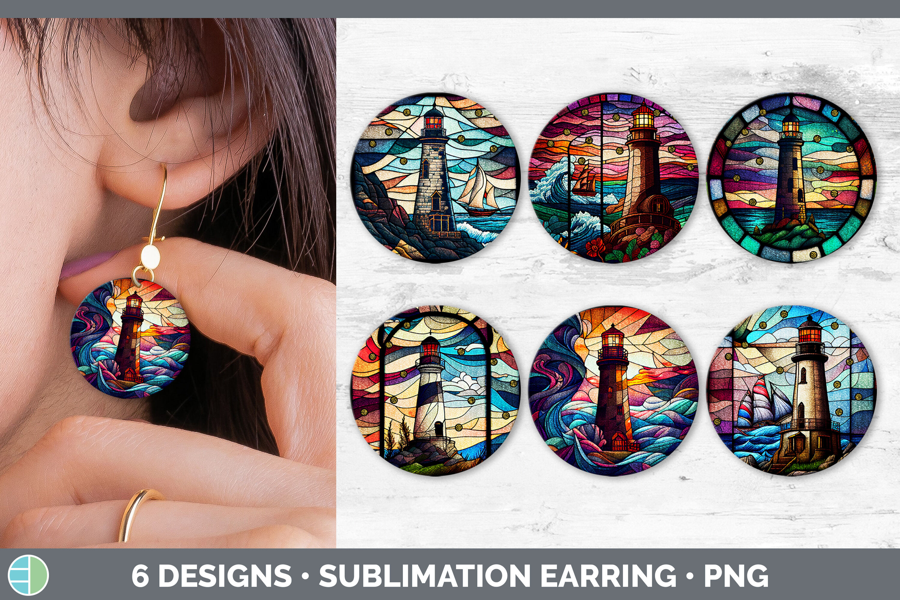 Stained Glass Lighthouse Round Earrings