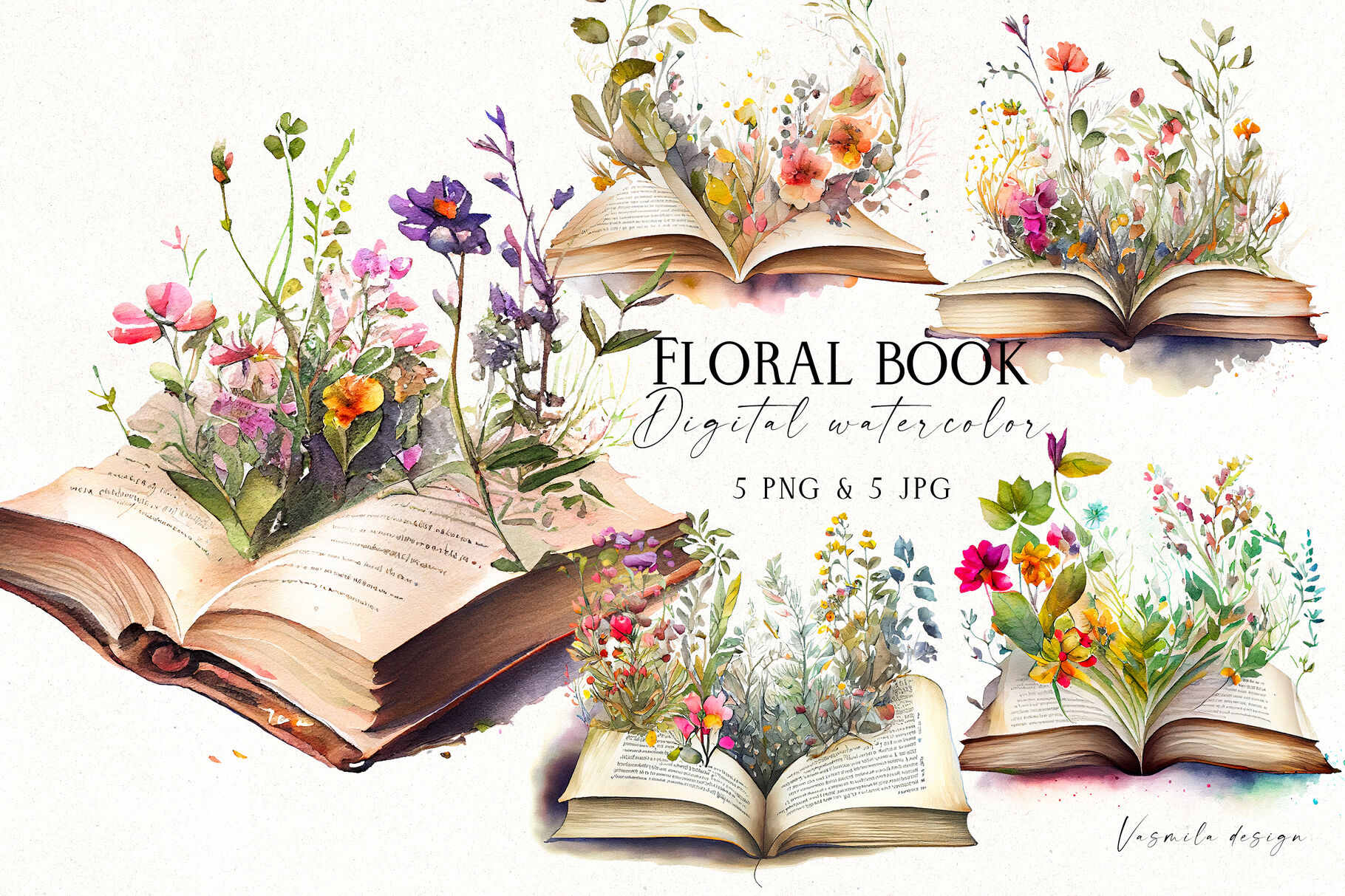 Flower watercolor books clipart By Vasmila Design