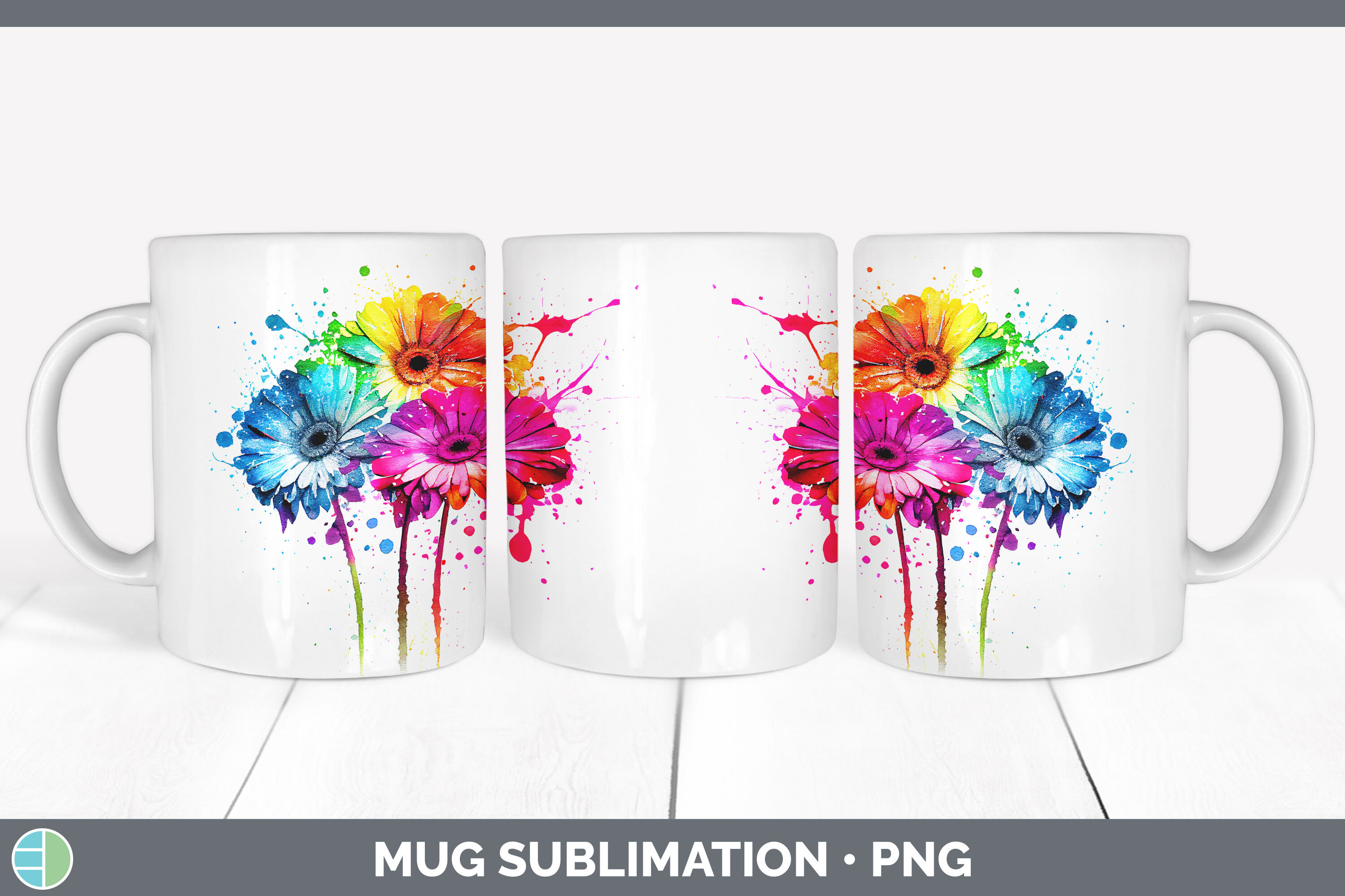 Rainbow Gerbera Daisy Flowers Mug Wrap | Sublimation Coffee Cup Design ...