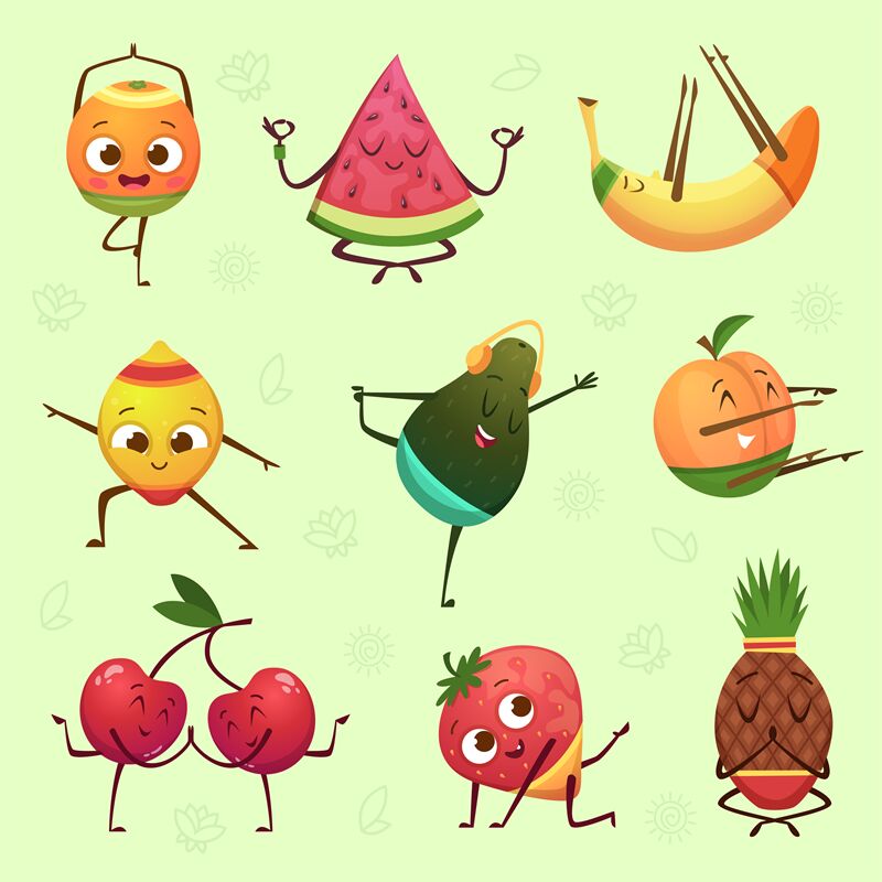 Yoga fruits poses. Fresh fruits and vegetables with funny faces making ...
