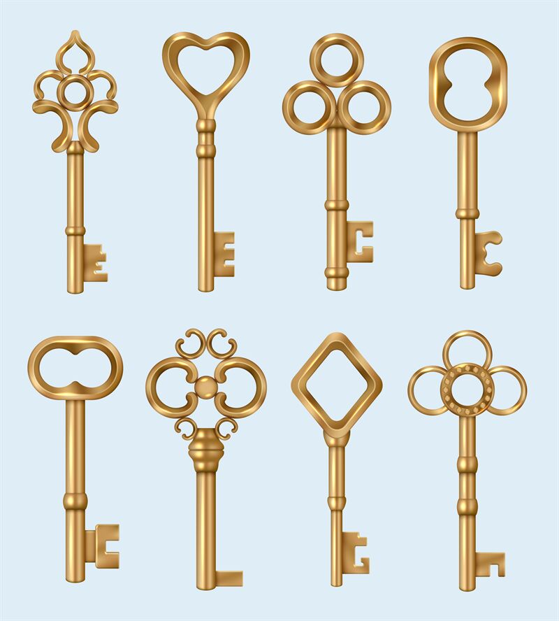 Vintage keys. Golden realistic real estate keys in ornate style