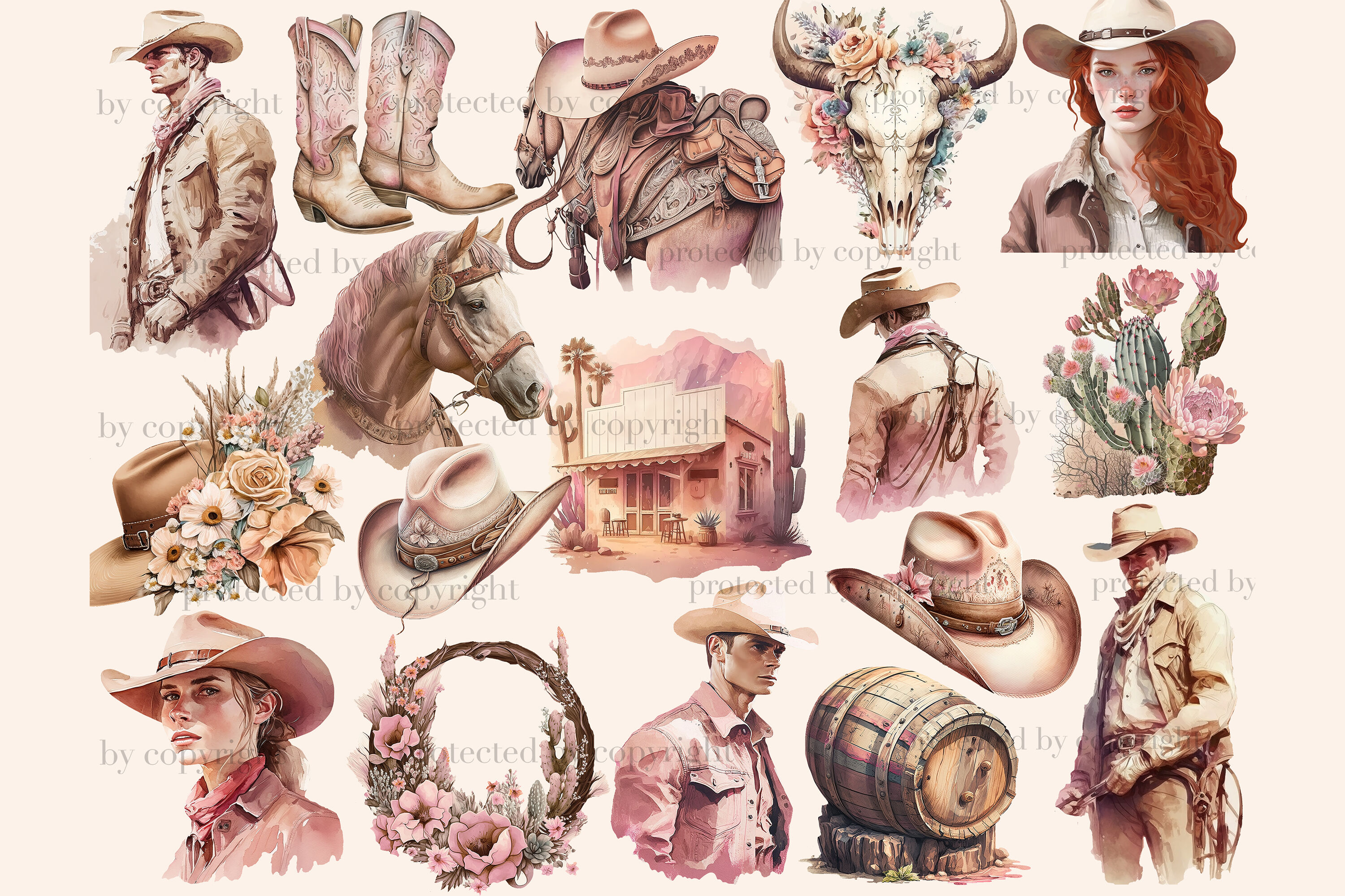 Unique hand drawn WESTERN COWGIRL clipart - 60 PNG files