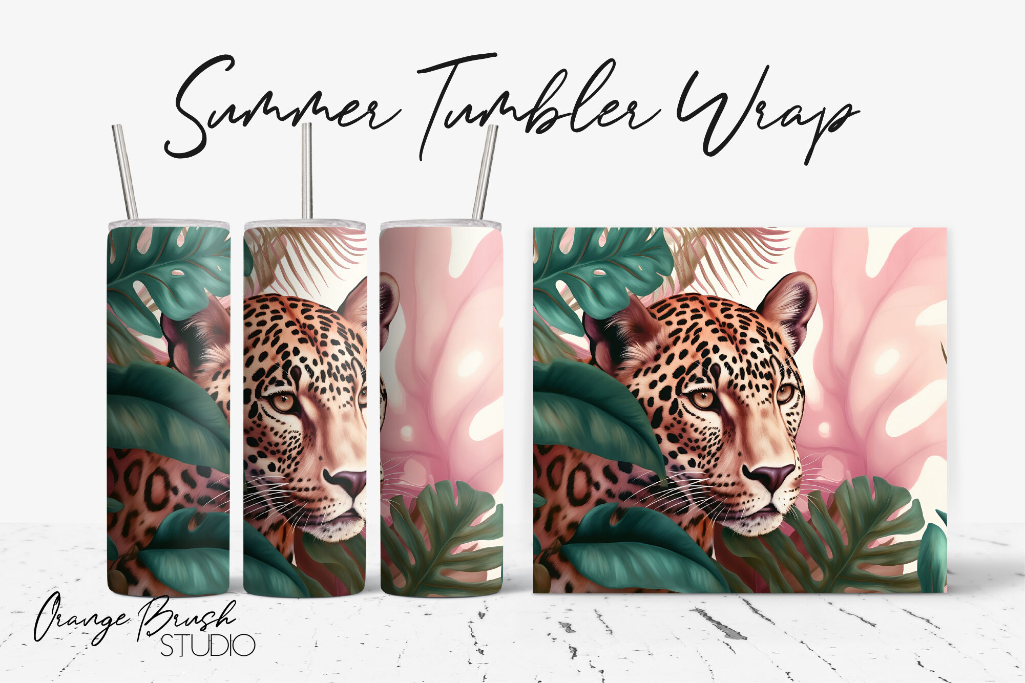 Leopard Tumbler Sublimation Design Summer Tumbler Wrap PNG By