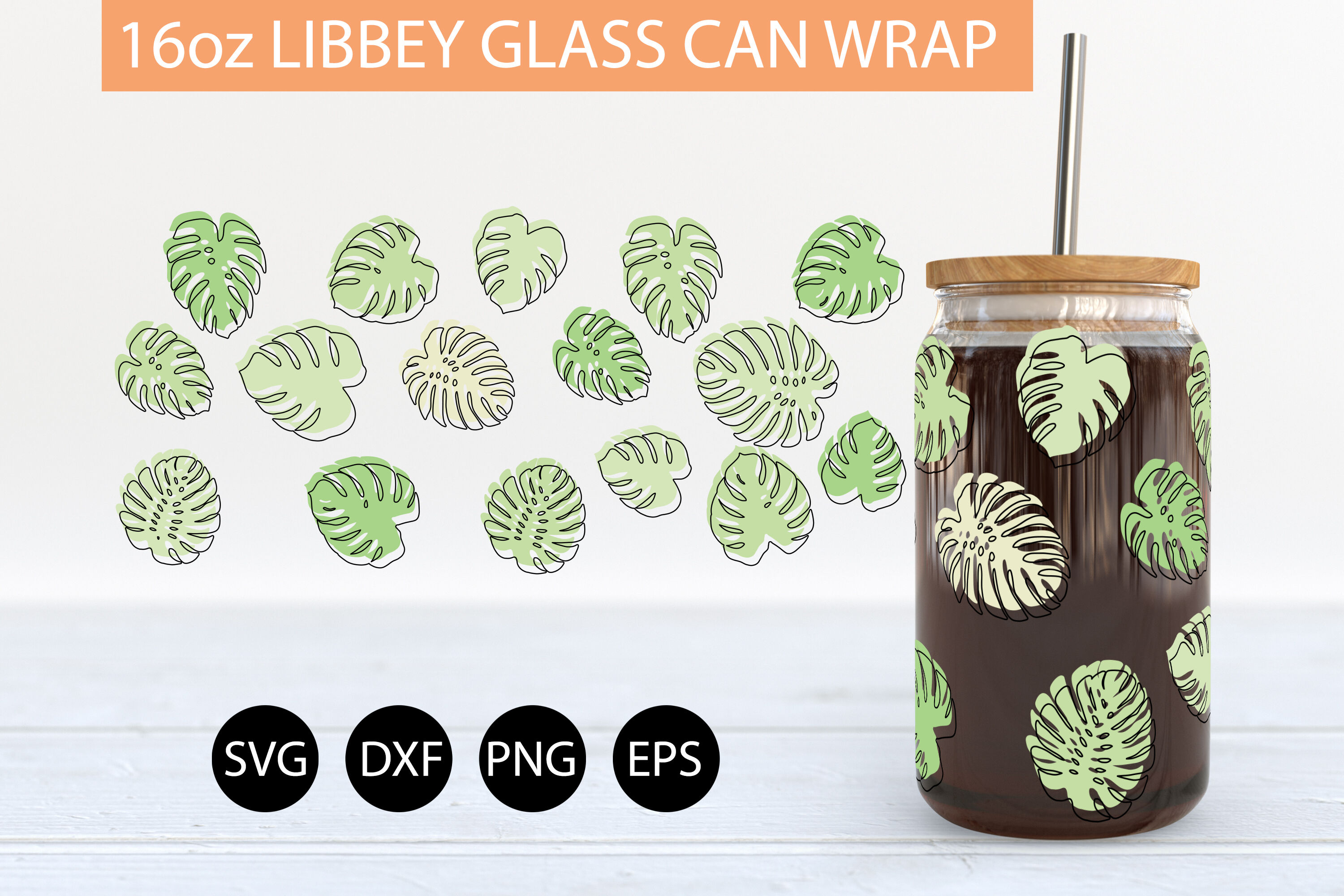 Monstera Glass Can Sublimation Designs. Full Wrap - So Fontsy