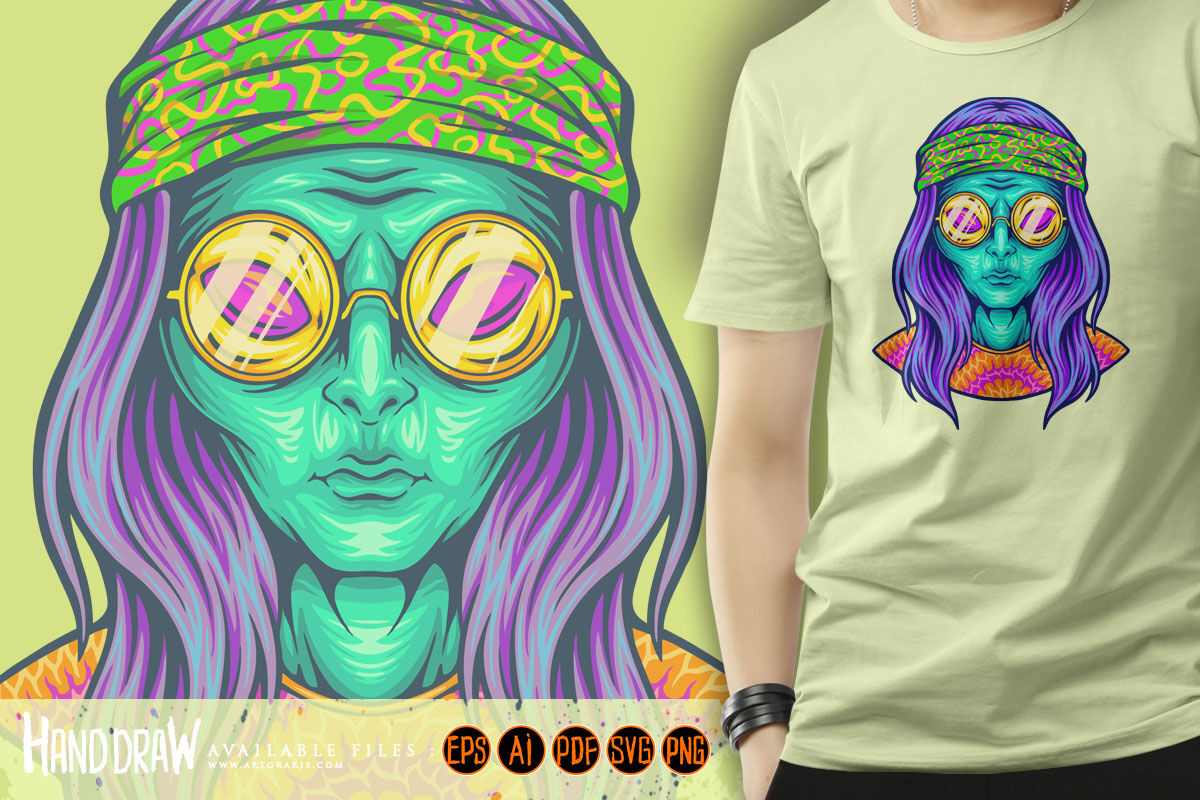 Hippie alien with tie dye shirt logo By artgrarisstudio | TheHungryJPEG