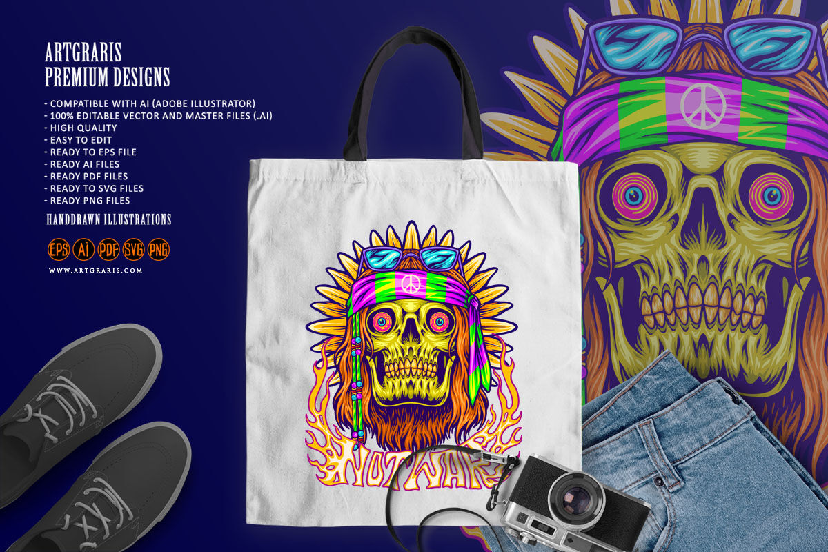 Hippie skull with classic sunflower trippy background illustrations By ...