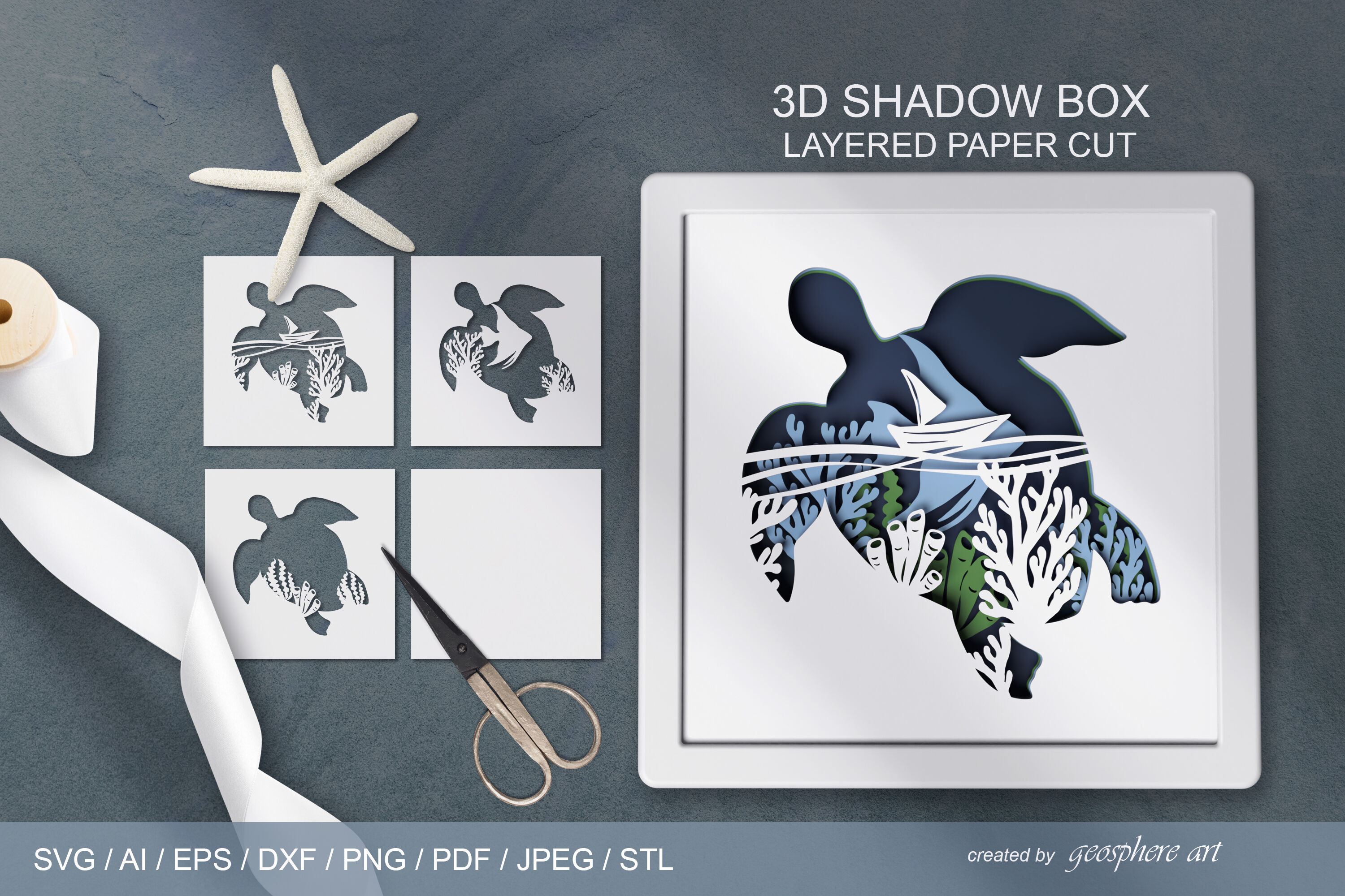 SEA Turtle 3D Layered papercut Shadow box SVG / DXF / STL By Tiana Geo