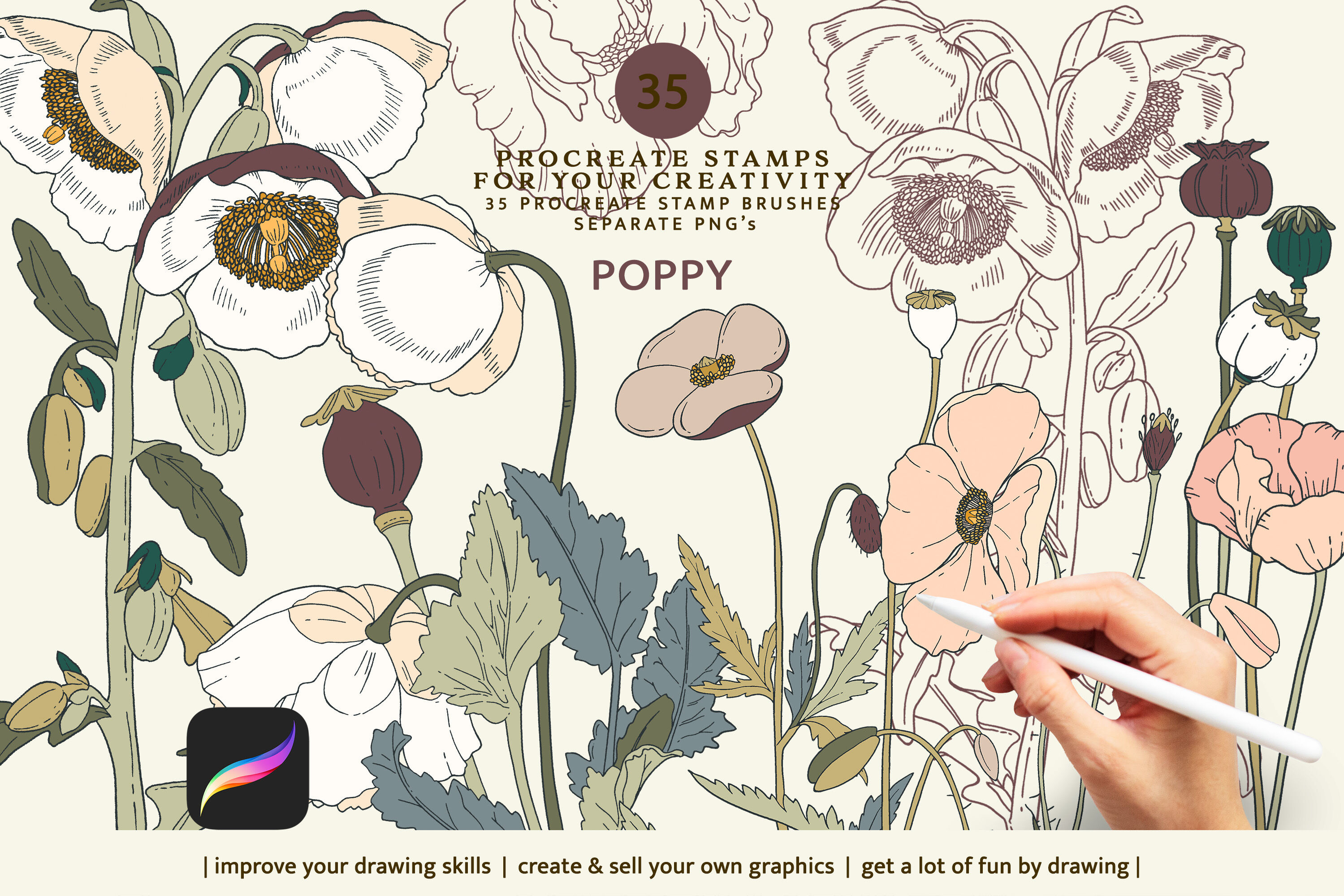100+ Floral Stamps Procreate Gráfico por myprintscollection