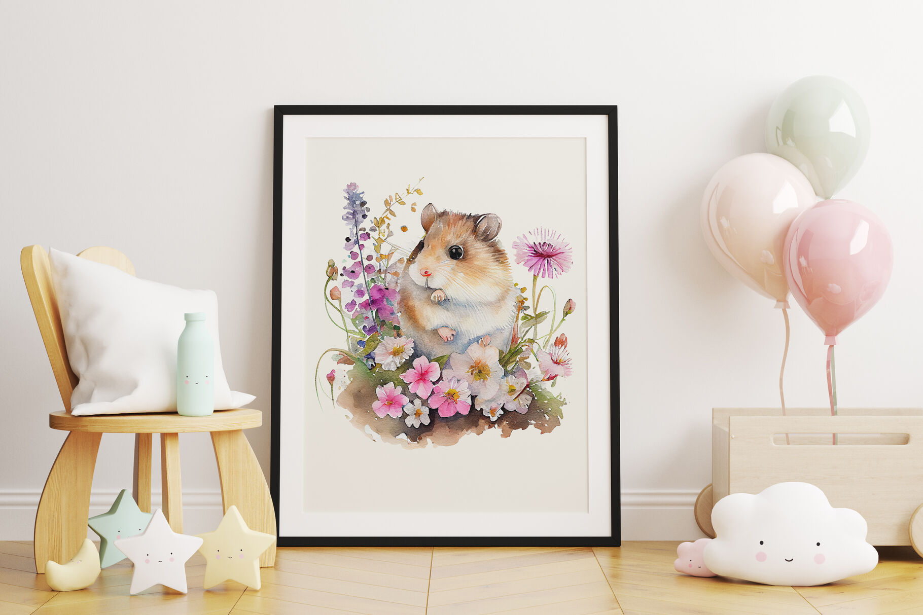 Watercolor Cute Hamster in flowers By Vasmila Design | TheHungryJPEG