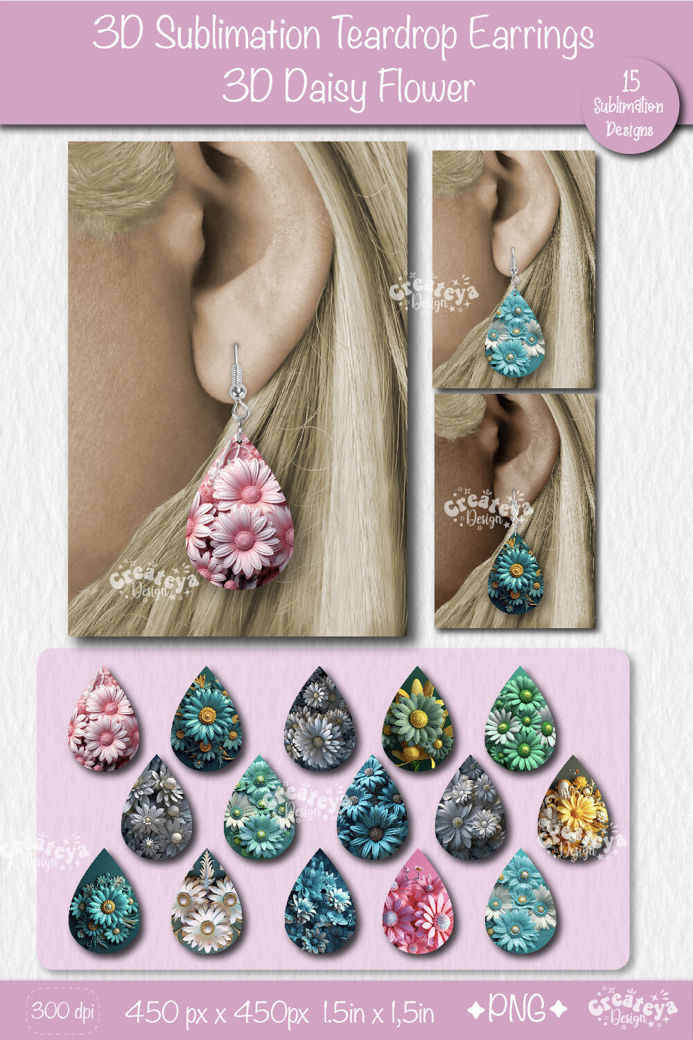 3D Earrings Sublimation, Teardrop earring 3D Daisy, 3D sublimation bundle