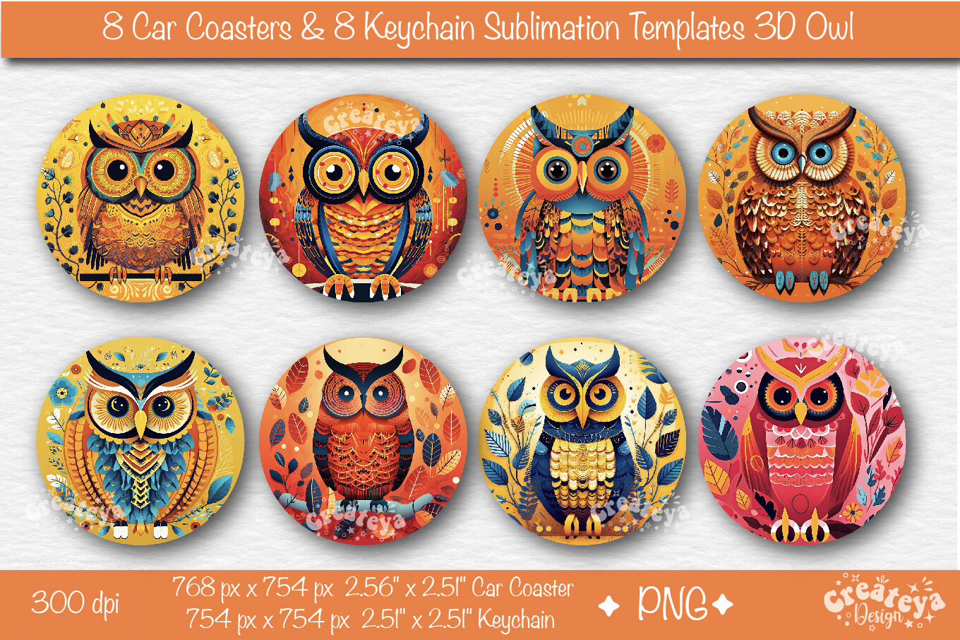 Car coaster Sublimation Bundle, Round Keychain Sublimation 3D Owl PNG By  Createya Design