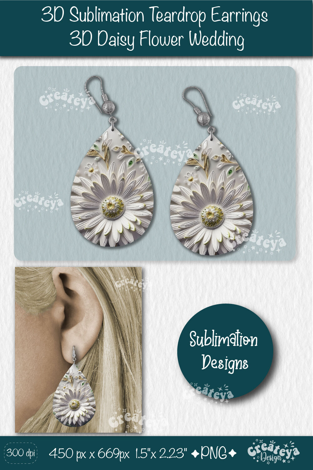 3D Earrings Sublimation, Teardrop earring 3D Daisy, 3D sublimation bundle