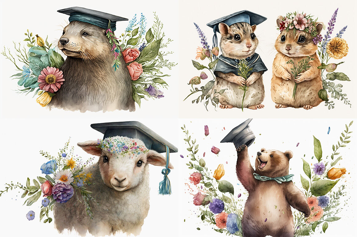 Graduation Animals Watercolor Collection By Artsy Fartsy Thehungryjpeg