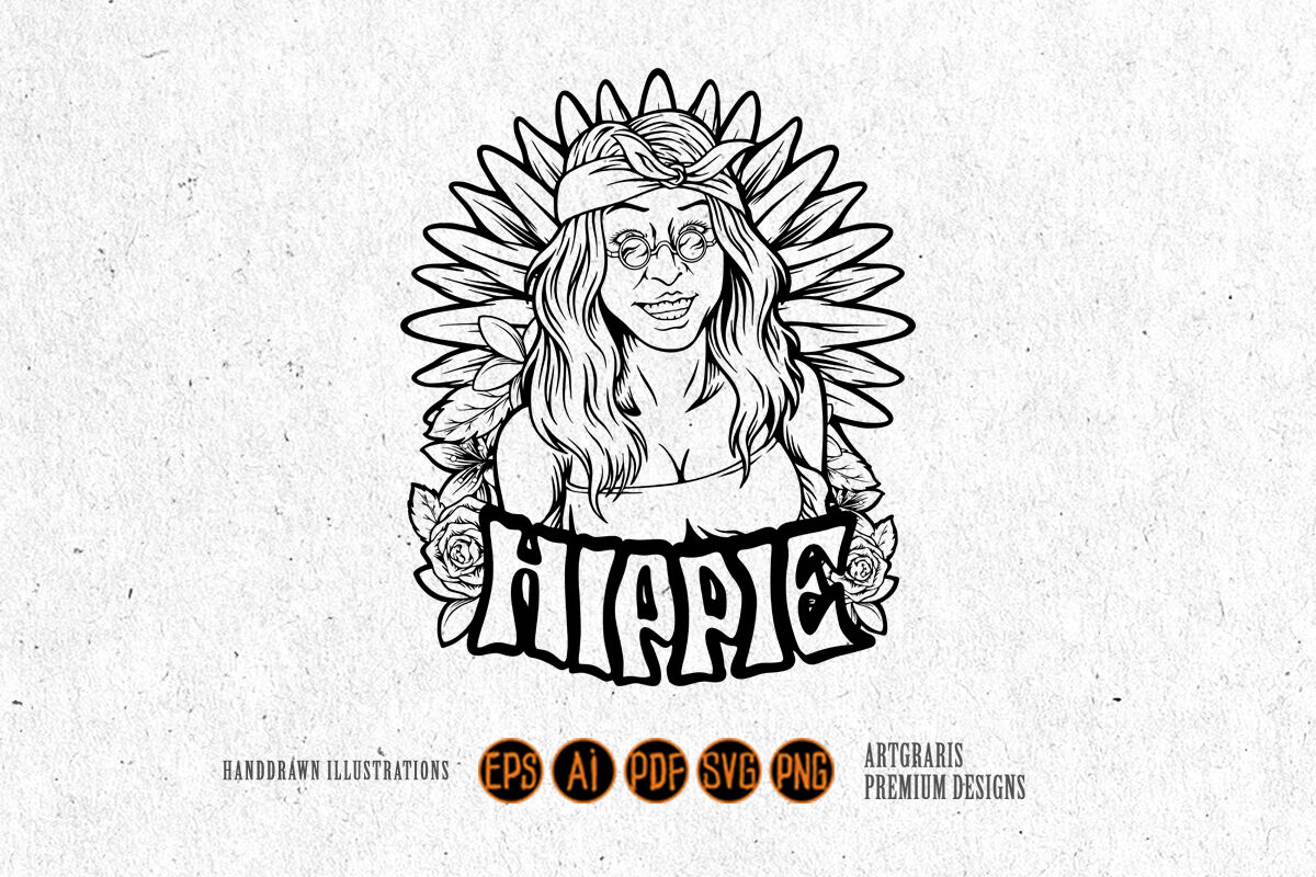 Boho girl joyful smile hippie style logo illustrations silhouette By ...