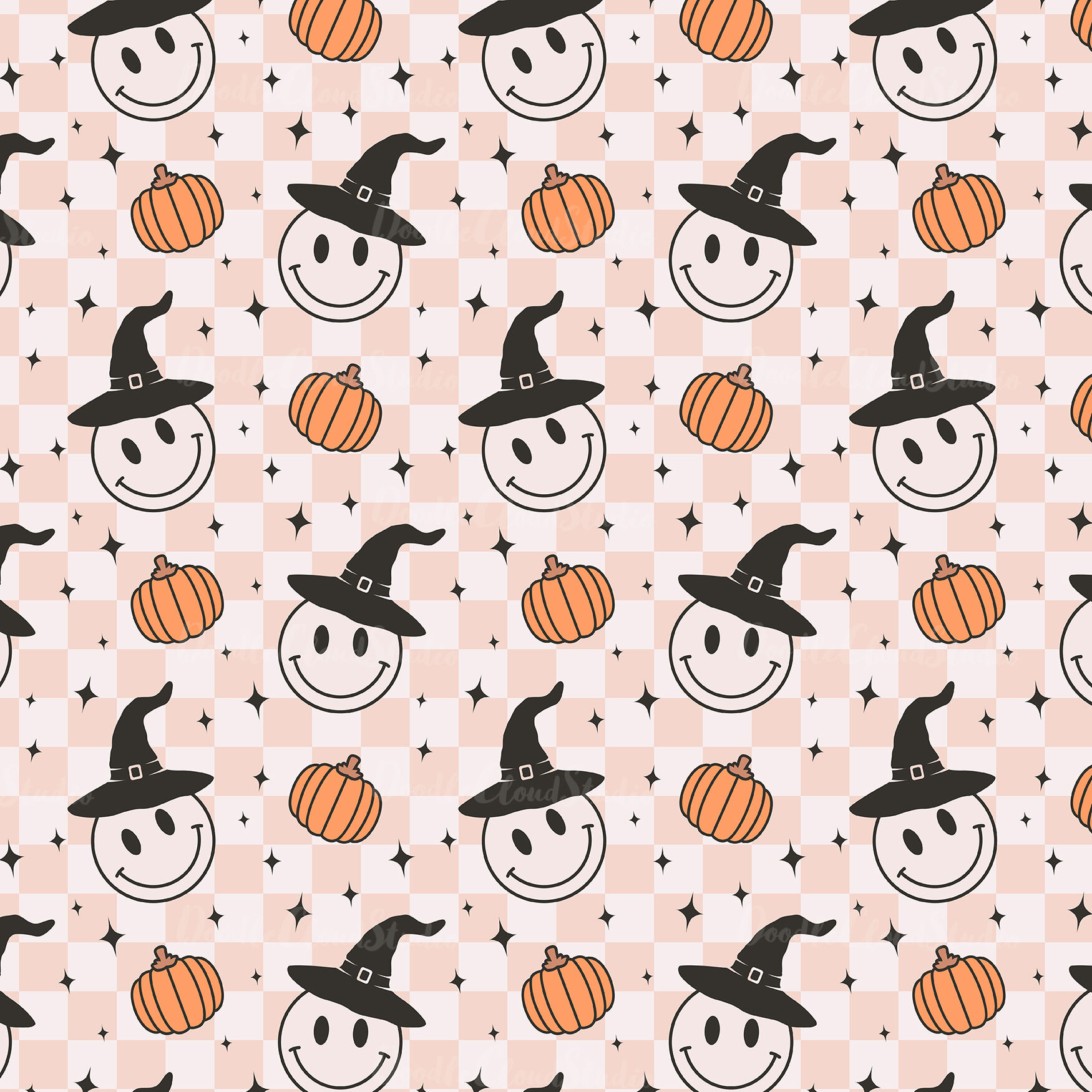 Retro Smile Face Seamless Pattern, Cute Preppy Halloween Smiley Face . By  Doodle Cloud Studio