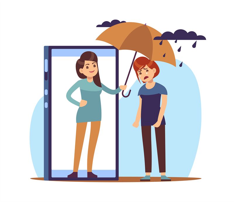 Woman holds umbrella over her distraught friend from her cell phone sc By  YummyBuum