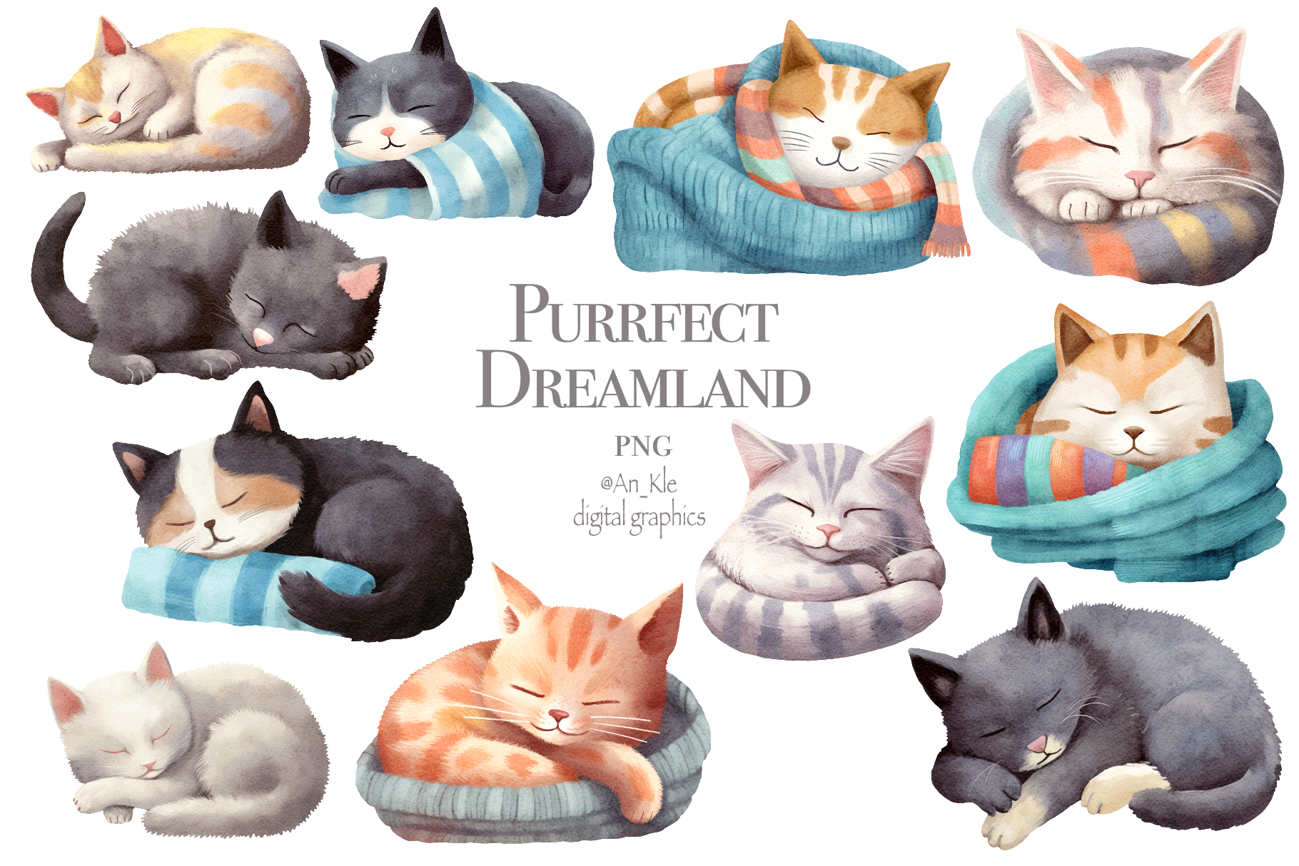 Vector Clipart Kawaii Cat, cute cats, sleeping cat clipart, cats clipart,  instant download 300dpi png and svg, commercial use