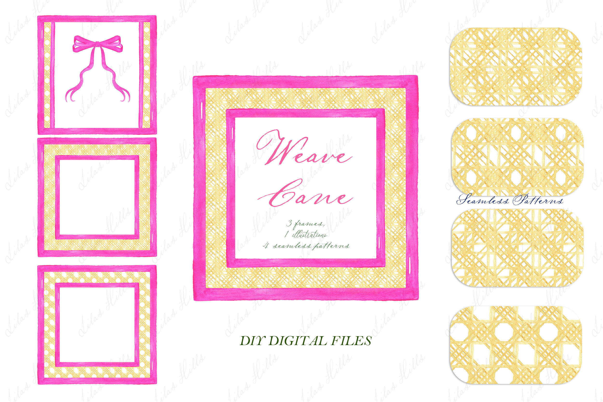 Weave Cane Pattern Hot Pink Frame Bow DIY Digital paper Frames By  LABFcreations