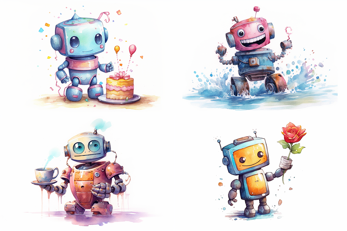 Robot Friends Watercolor Collection By artsy-fartsy | TheHungryJPEG