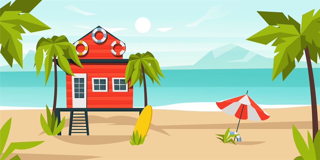 Beach bungalow house background. Cartoon tropical landscape with sand ...