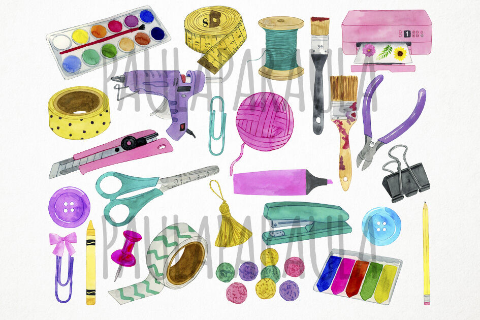 Watercolor Craft Clipart, Crafting Clipart, Craft Tools Clipart