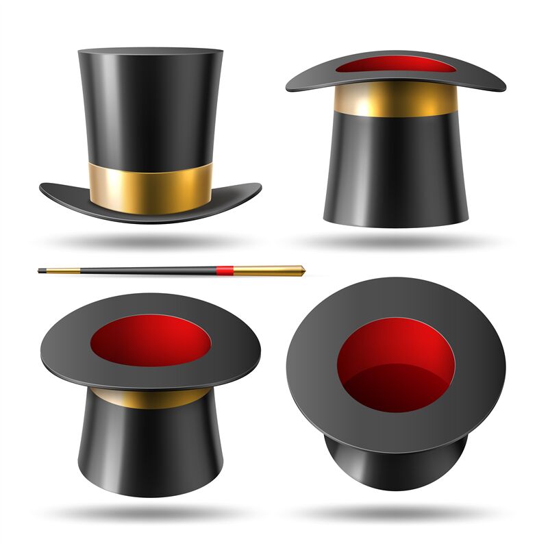 Realistic top hat. Magician symbols top hat and magical wand