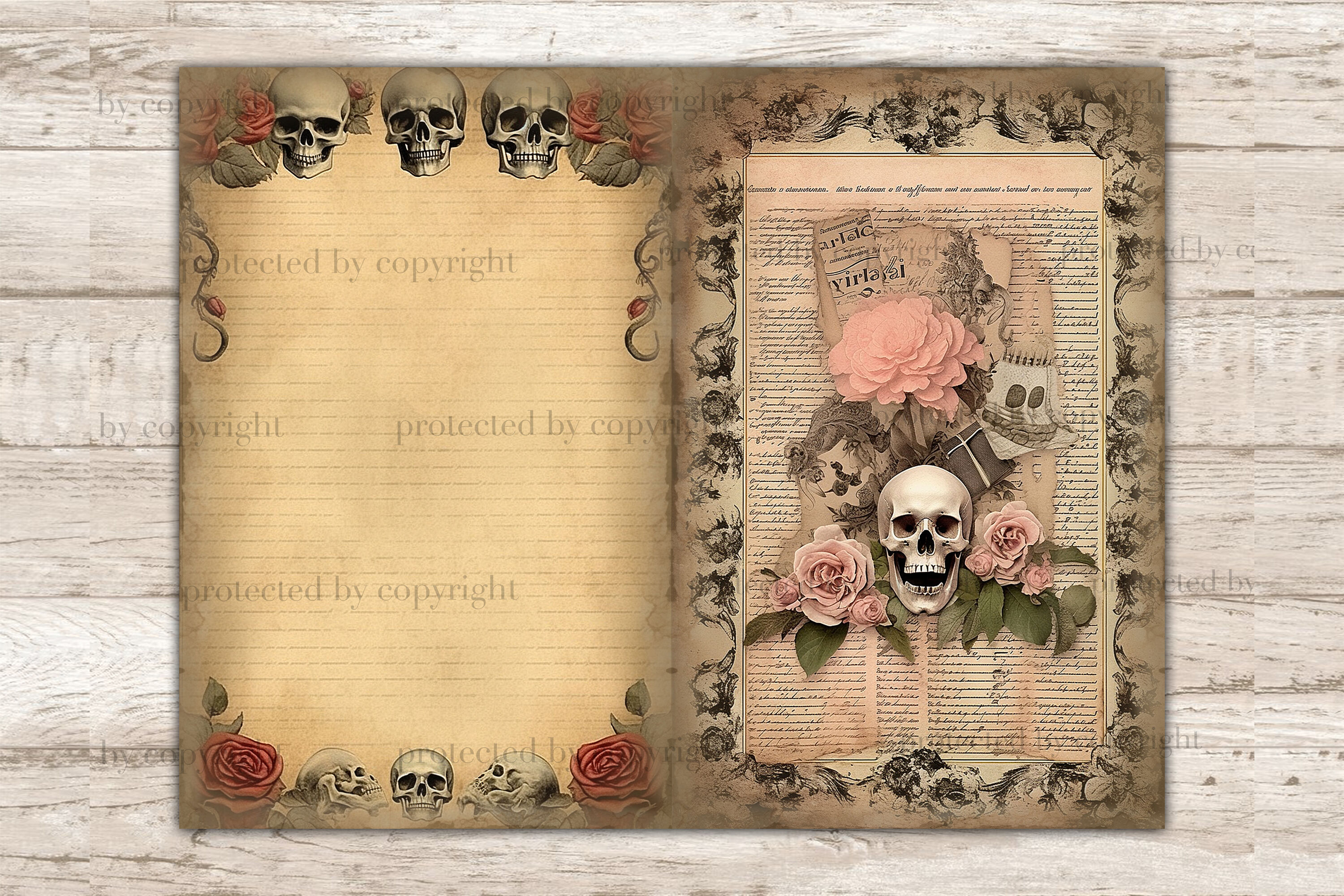 Vintage Gothic, Neutral Background, Scrapbook, Junk Journal Paper,  Distressed Design, Printable Ephemera, Skulls, Roses, Instant Download 