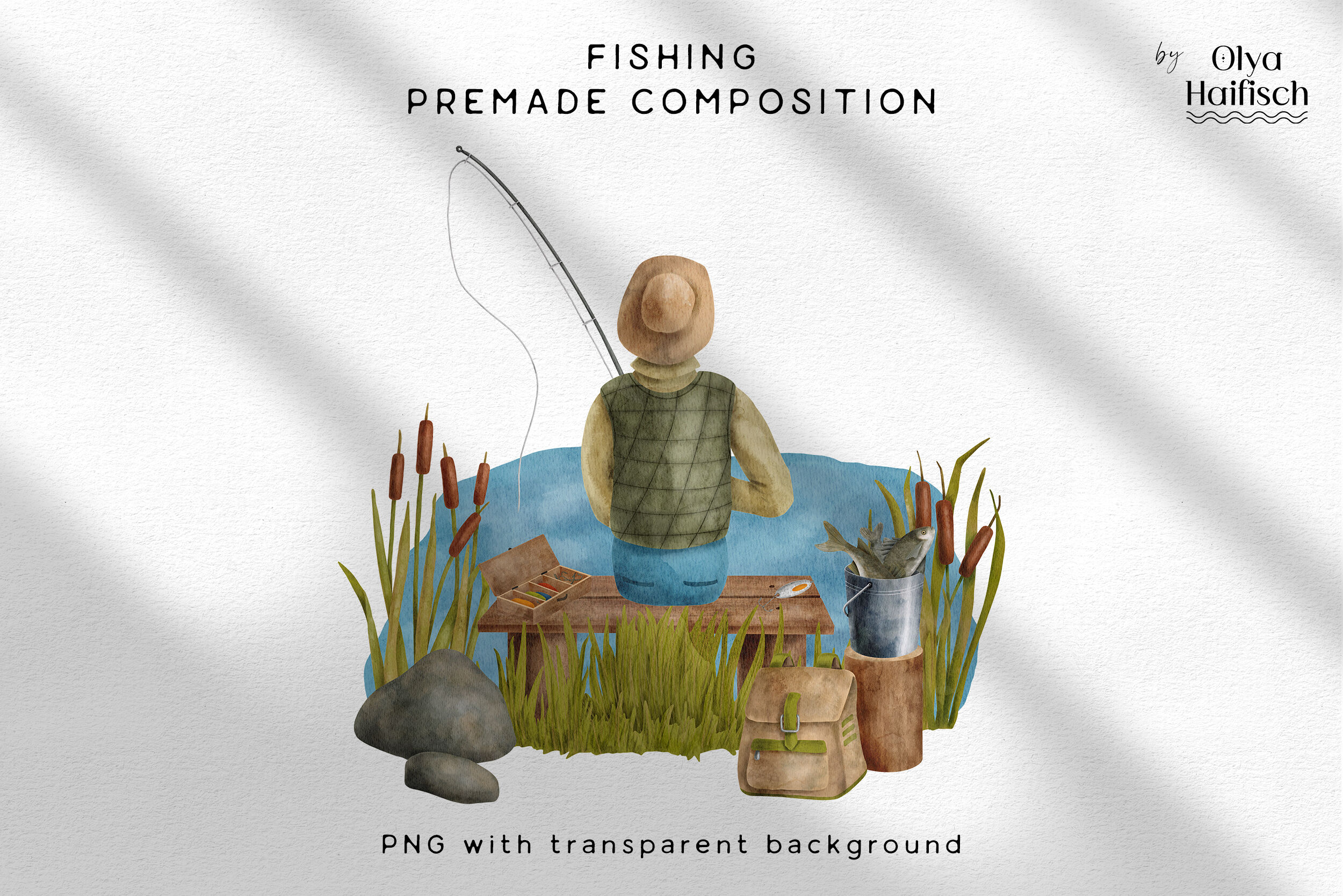Watercolor Fishing Composition. Fisherman PNG Clipart By Olya