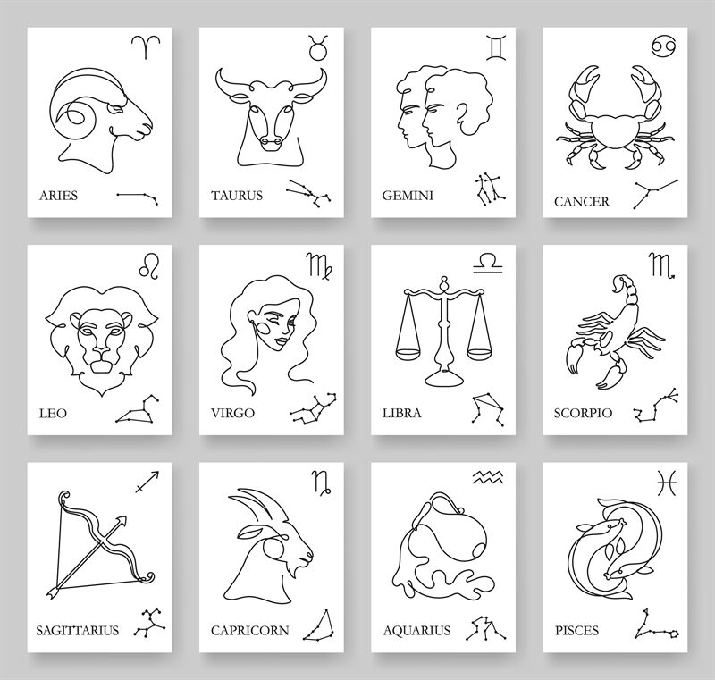 Continuous one line zodiac signs. Minimalistic horoscope cards