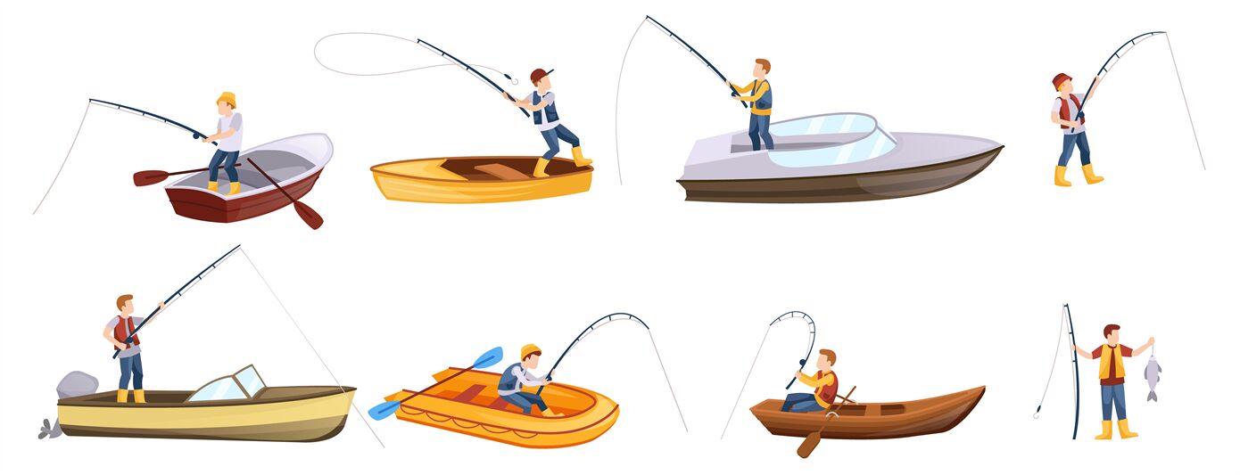 Cartoon fisherman characters. People fishing from boat, cast