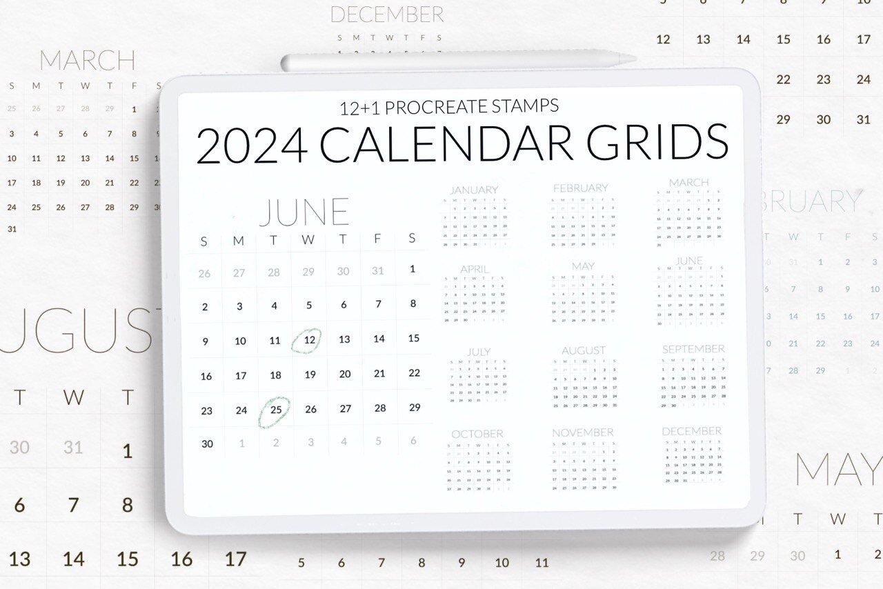 2024 Calendar grids stamps for Procreate By LettersClipArt TheHungryJPEG
