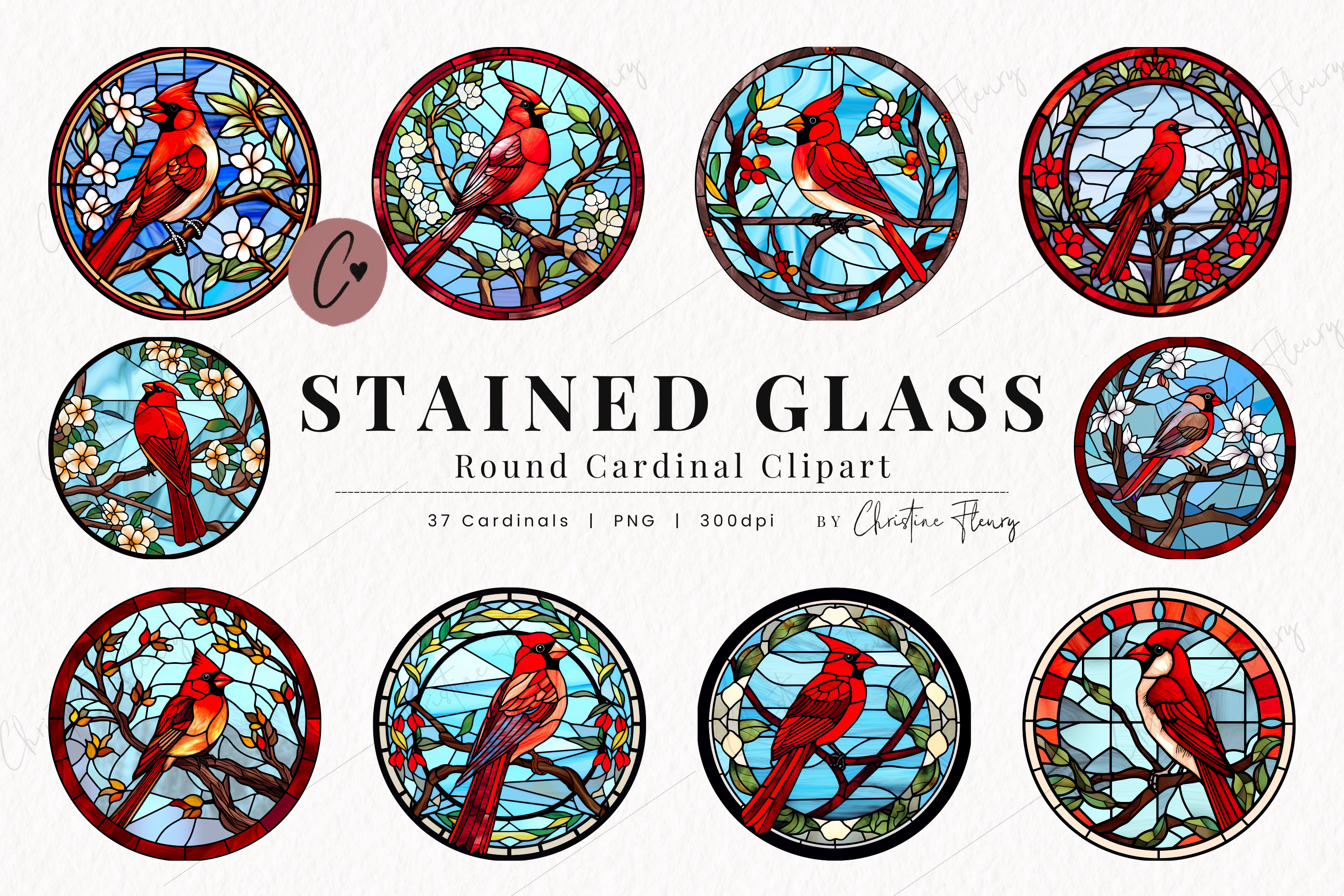 37 Round Cardinal Stained Glass Clipart By Christine Fleury
