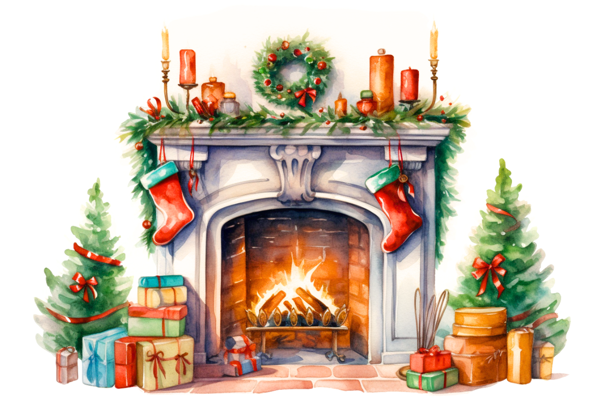 Christmas Watercolor Fireplace By Athena | TheHungryJPEG