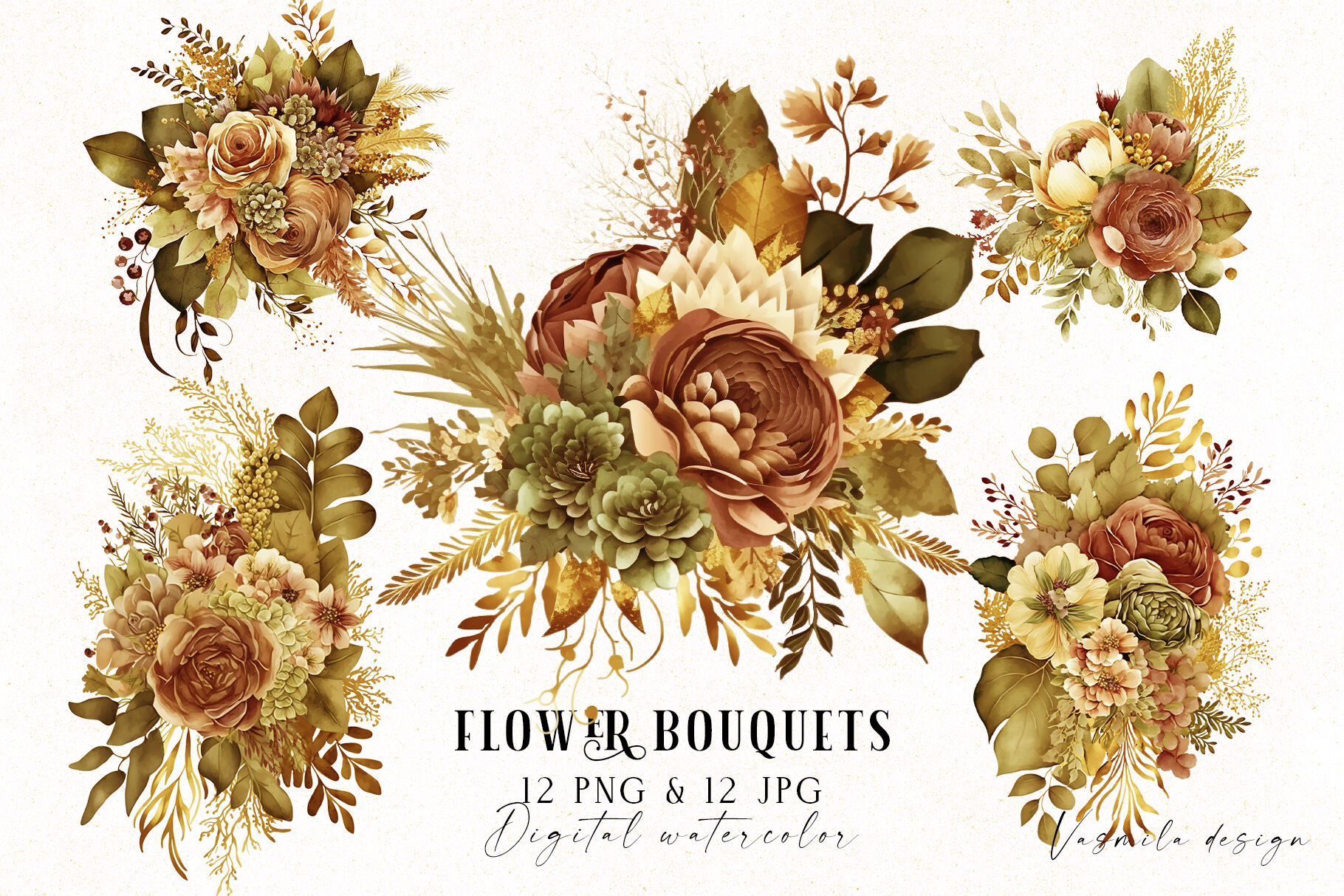 Autumn watercolor flower bouquets By Vasmila Design | TheHungryJPEG