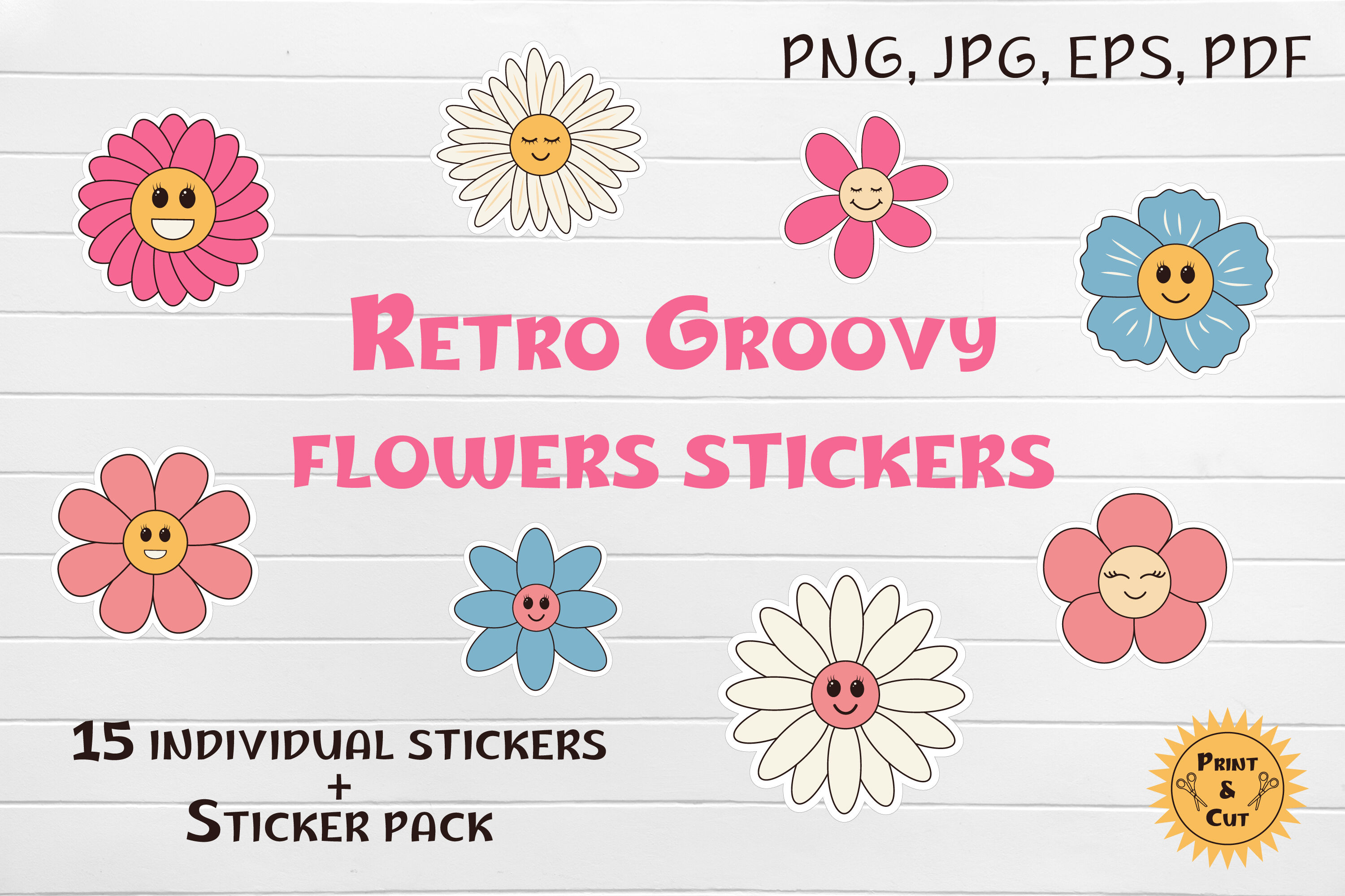 Retro Groovy flowers stickers By JulyG art store