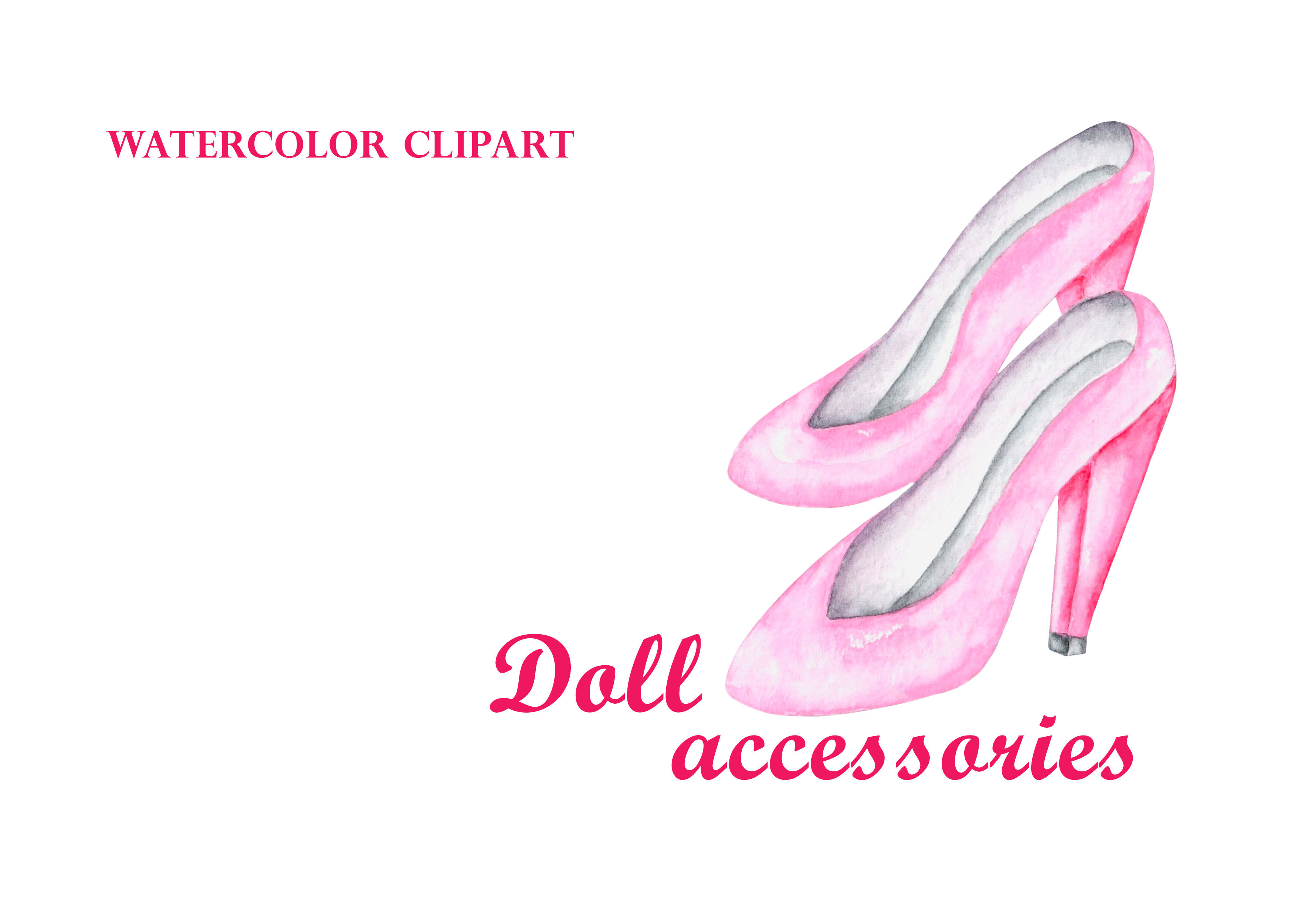 Pink doll accessories watercolor clipart. Girl child. Toys. By illustrator  Sabina Z