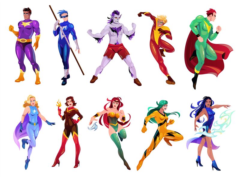 Superheroes Characters. Cartoon Heroes Mascots Set, Strong Men And Wom ...