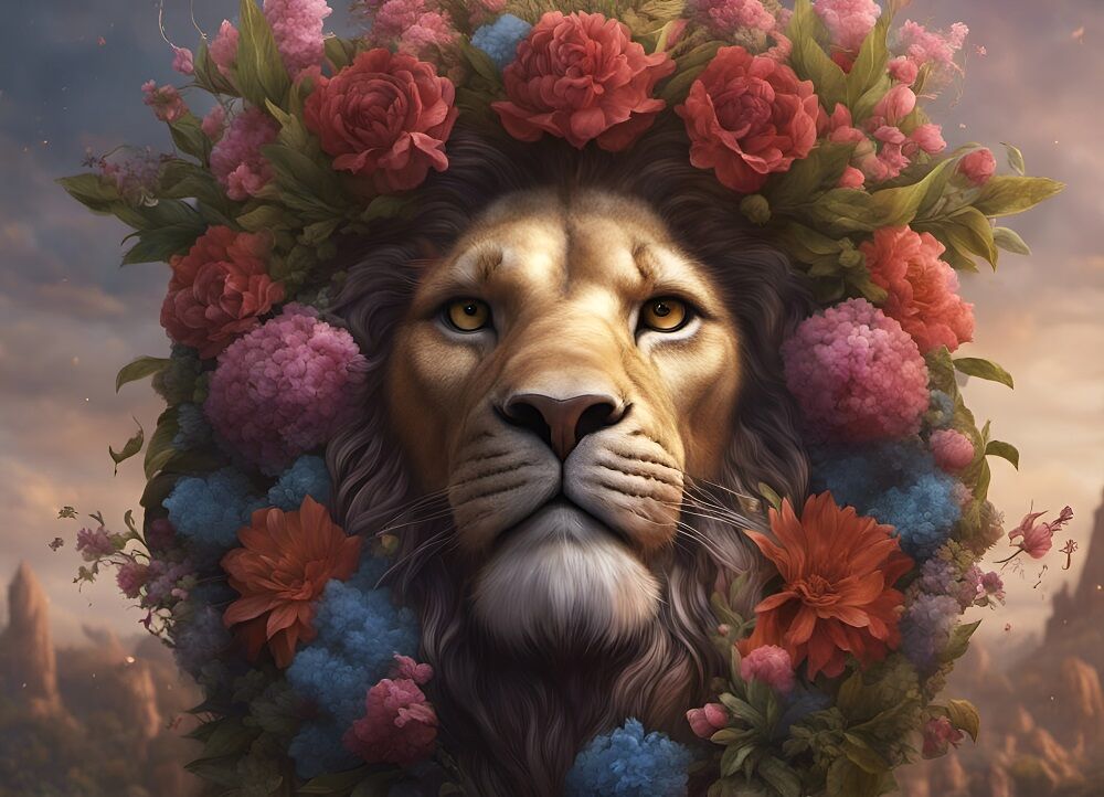 A lion's head crowned with flowers By dianaxstoyanova | TheHungryJPEG