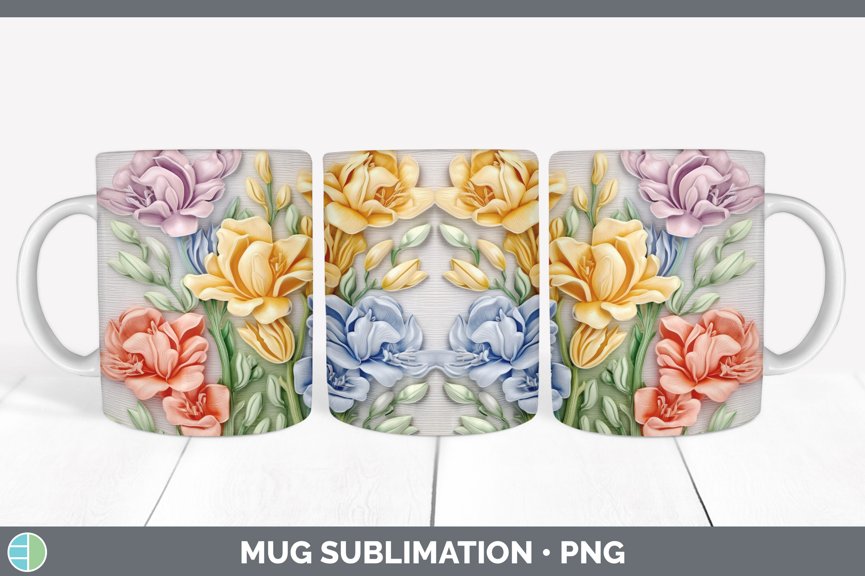 3D Freesia Flowers Mug Wrap | Sublimation Coffee Cup Design By Enliven ...