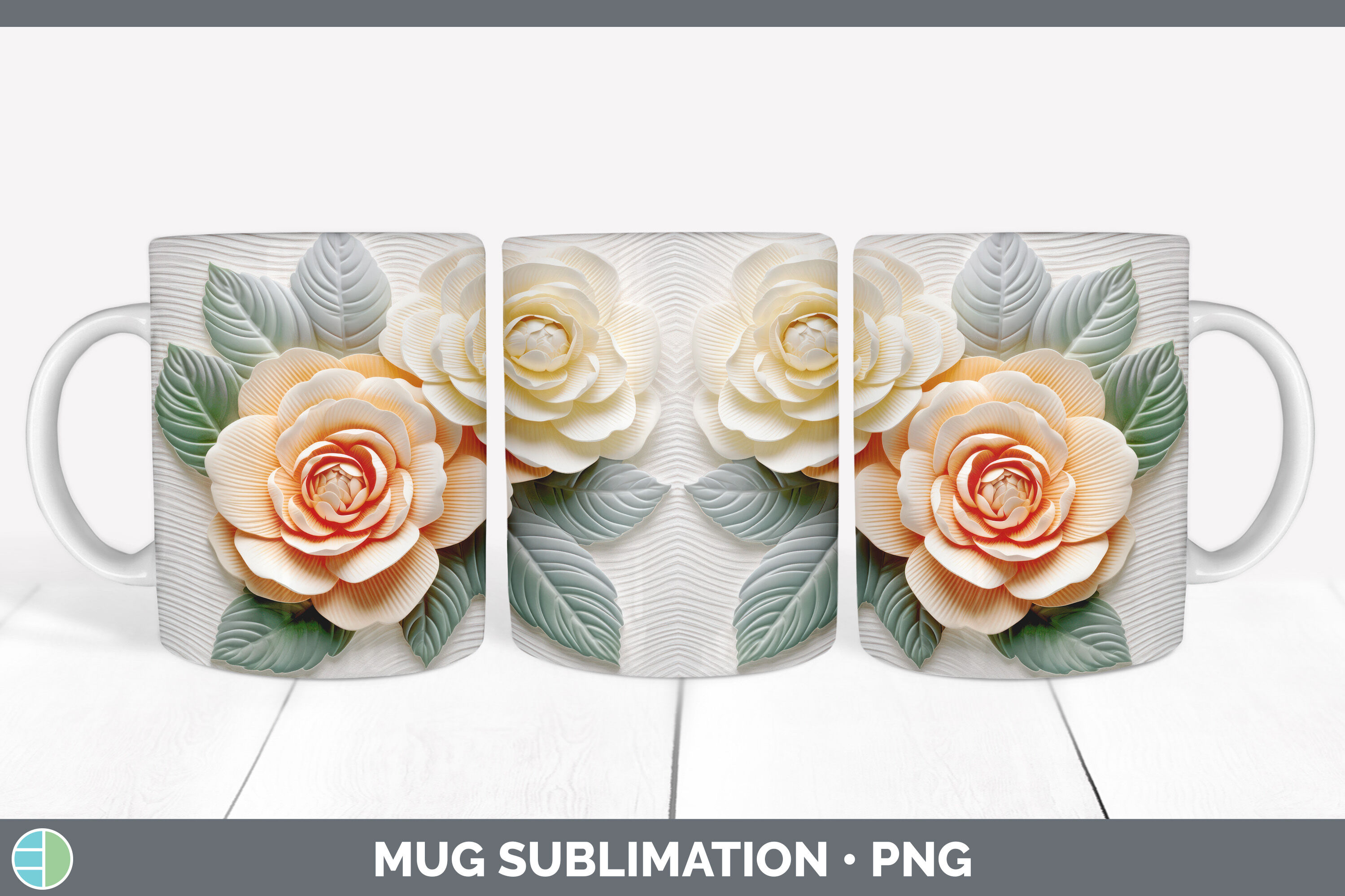 3D Camellia Flowers Mug Wrap | Sublimation Coffee Cup Design By Enliven ...