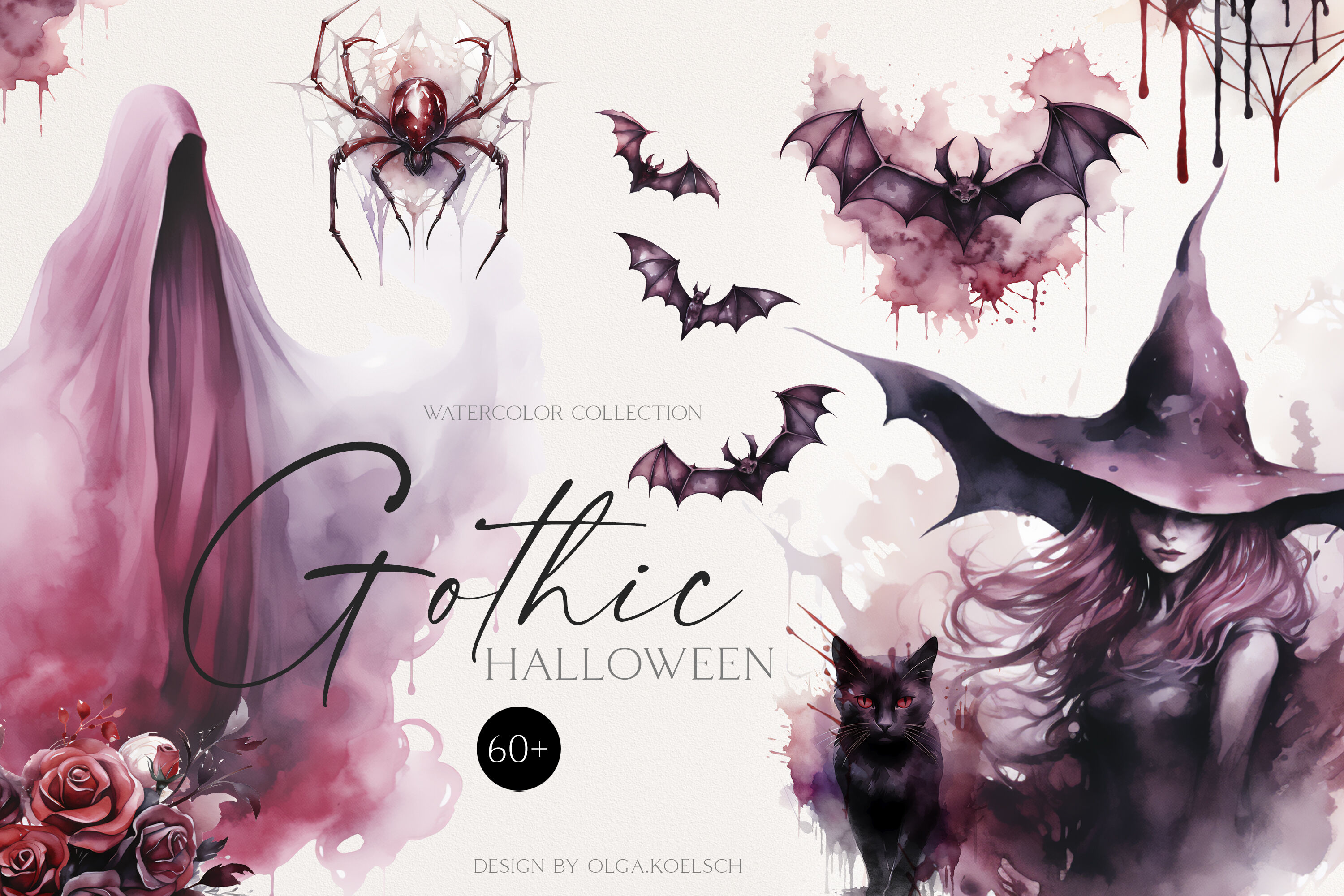 Watercolor witchy clipart, Gothic halloween digital, Witchcraft aest By ...