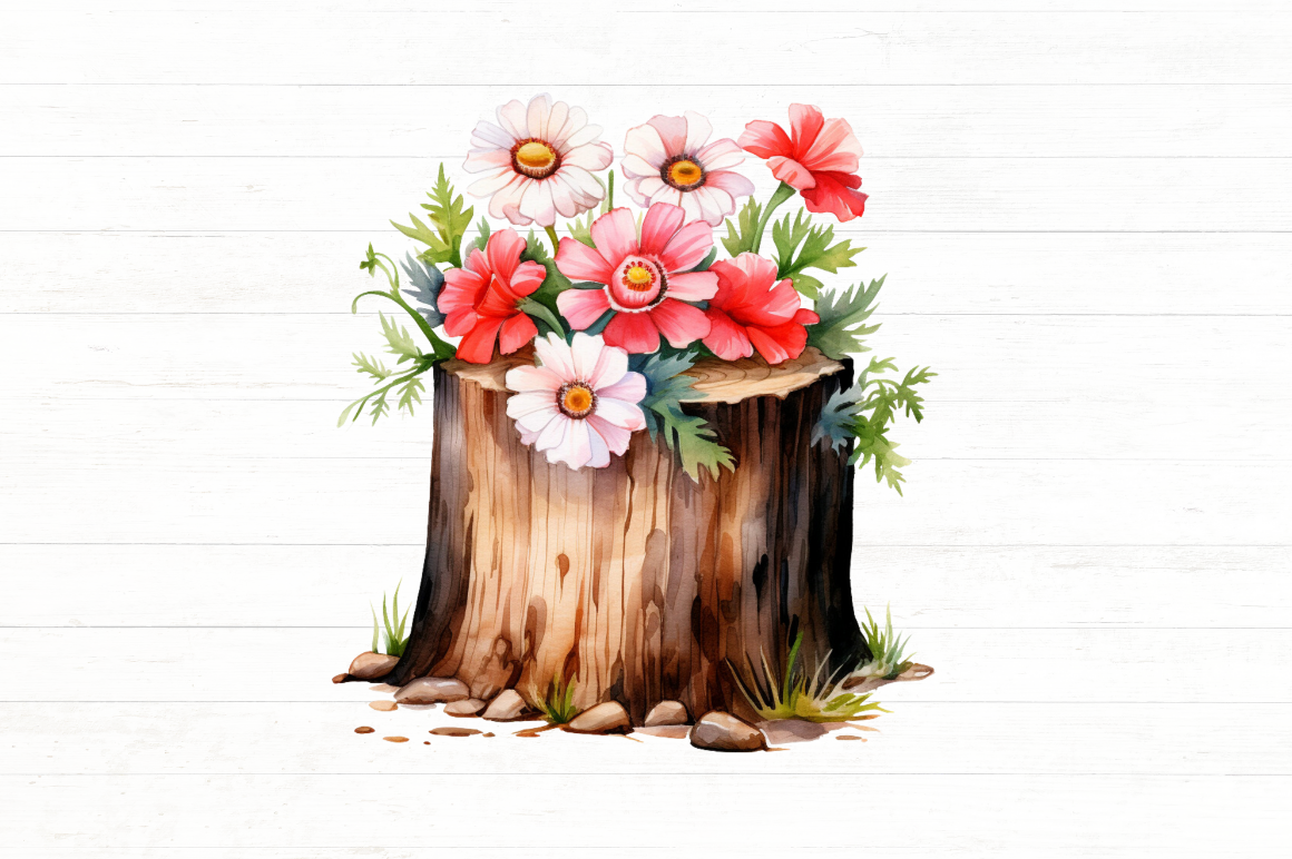 Flower Wooden Stump Watercolor Clipart By Regulrcrative