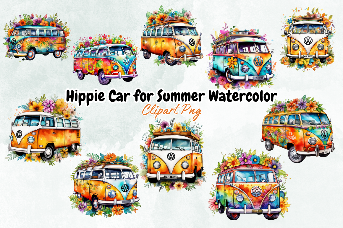 Hippie Car for Summer Watercolor Clipart By Bundlestshirt | TheHungryJPEG