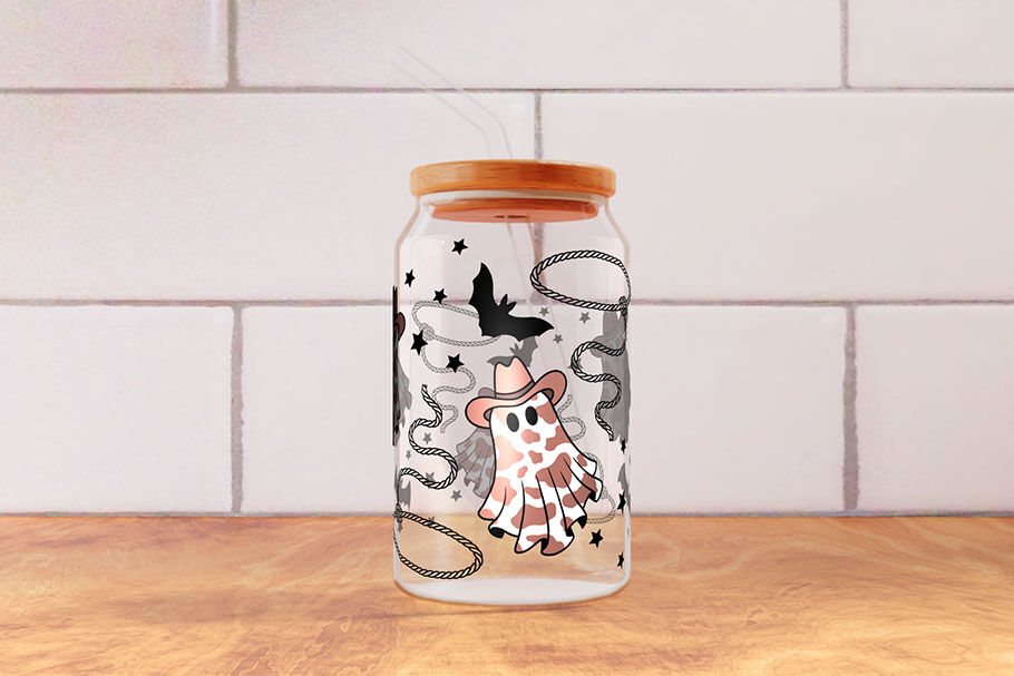 Ghost Cats Halloween 16oz Glass Can with Lid and Straw