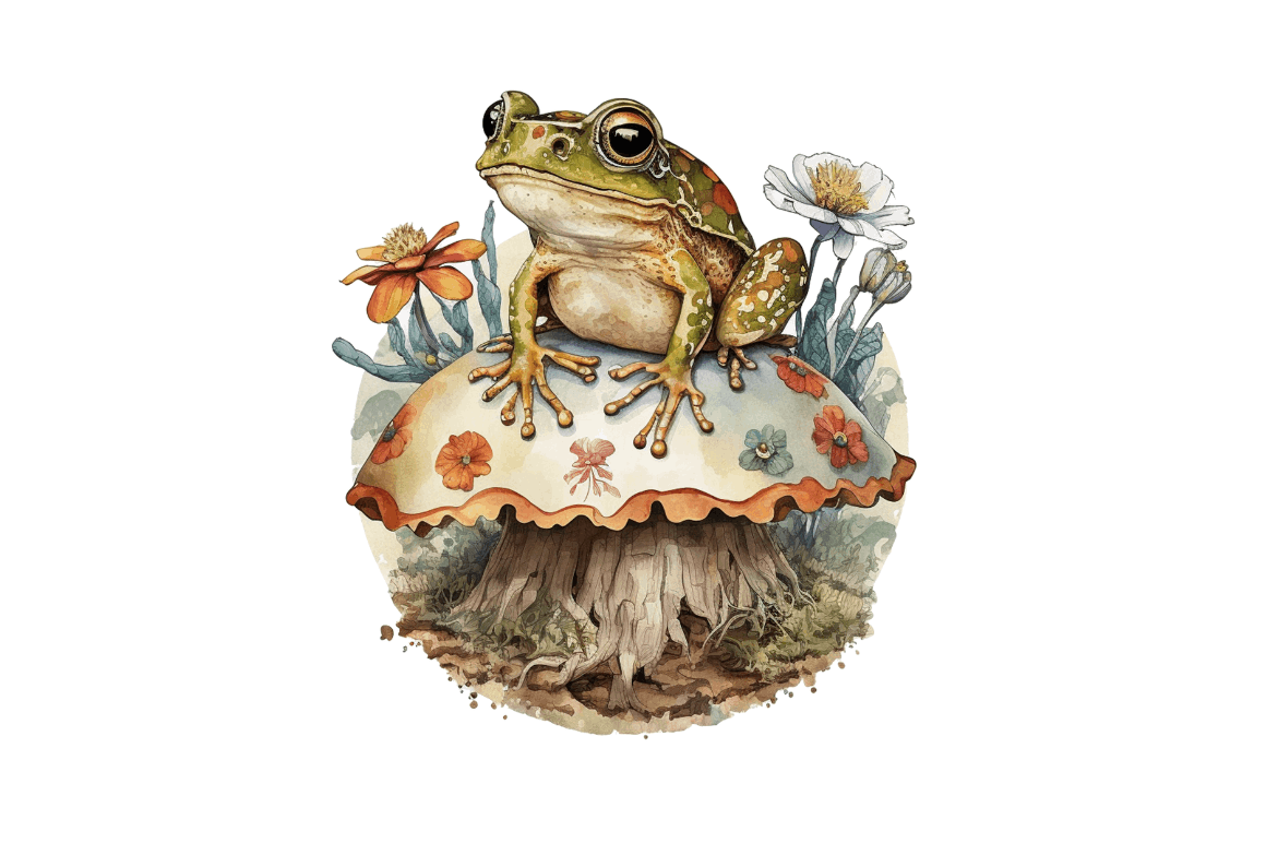 Watercolor Vintage Cute Floral Frog on a Mushroom Bundle By