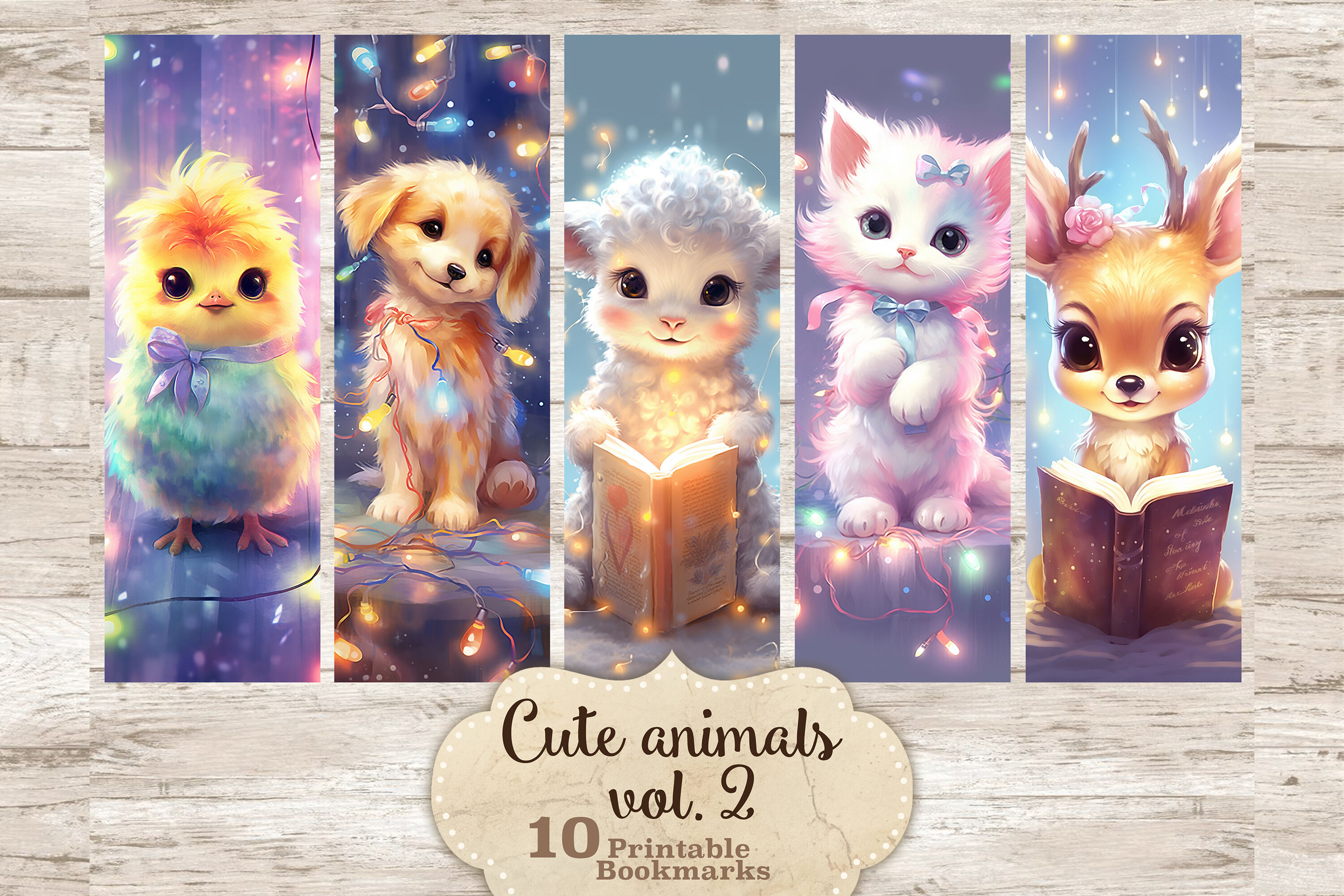 Cute Animals With Christmas Lights Reading Bookmarks By GlamArtZhanna