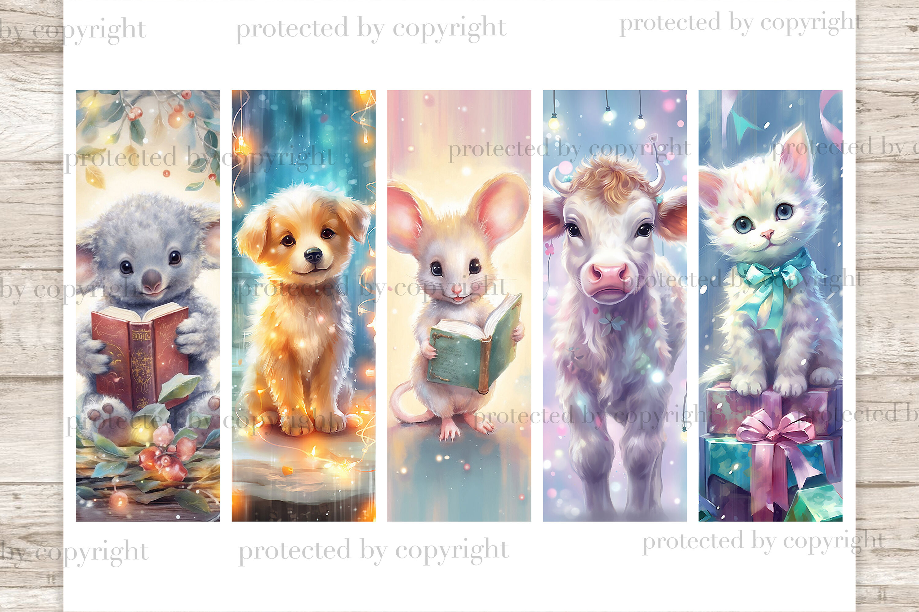 Cute Animals With Christmas Lights Reading Bookmarks By GlamArtZhanna