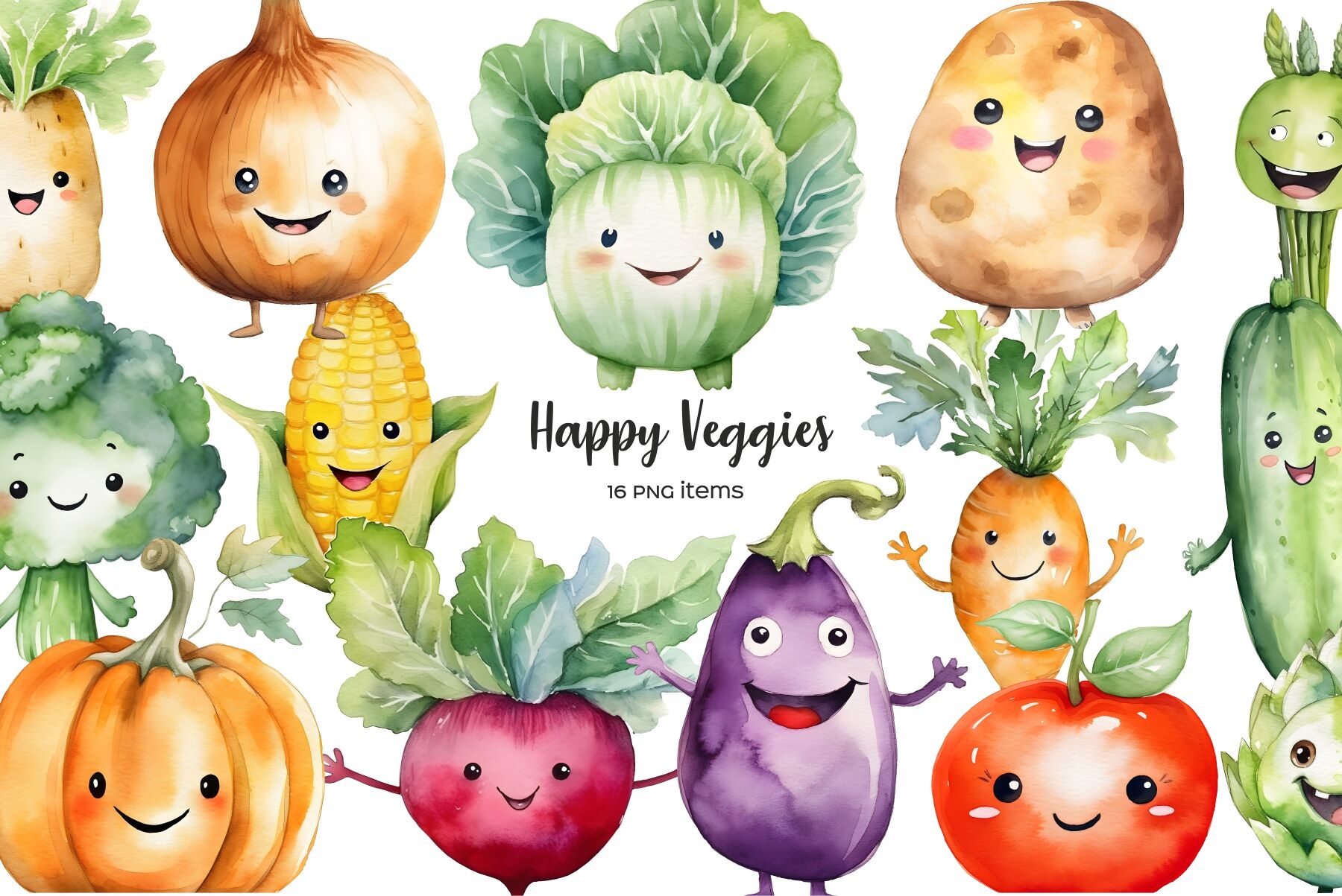 Watercolor Kawaii vegetables. Happy smiling veggies clip art By Art and ...